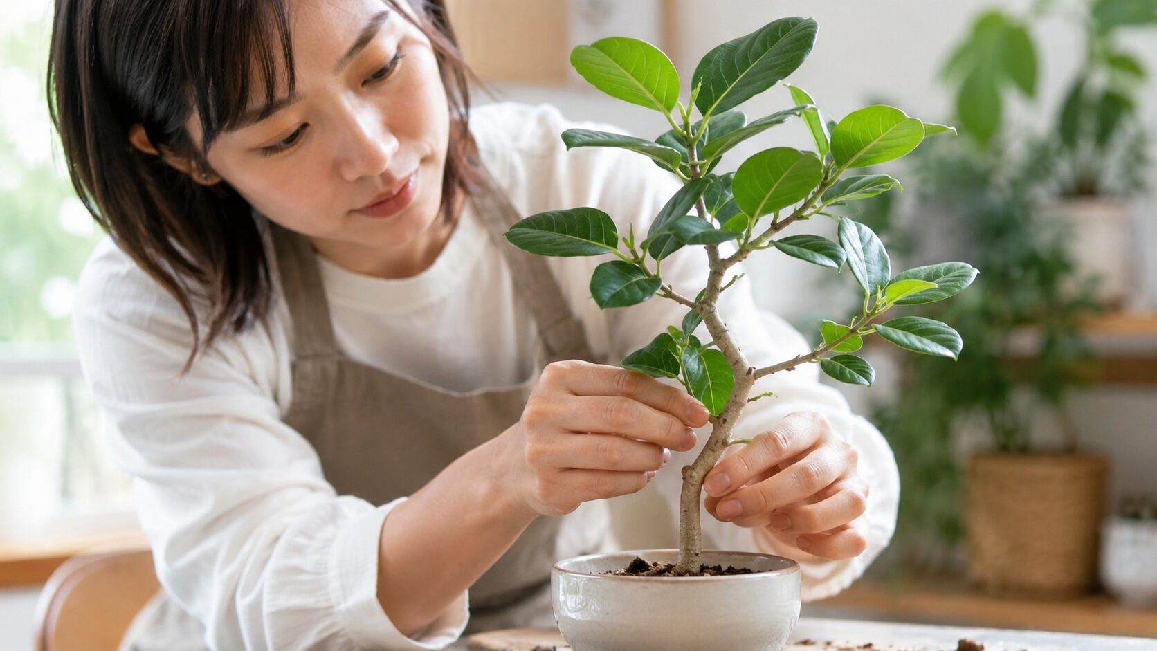 日本人女性がフィカス・ベンガレンシスの幹を少しずつ手で整えている様子