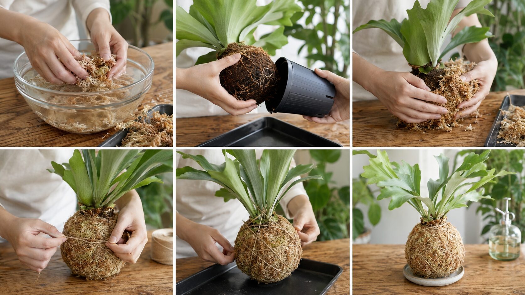 水苔を戻す、苗を抜く、根元を包む、ひもで固定する流れをまとめたビカクシダ苔玉の作り方手順