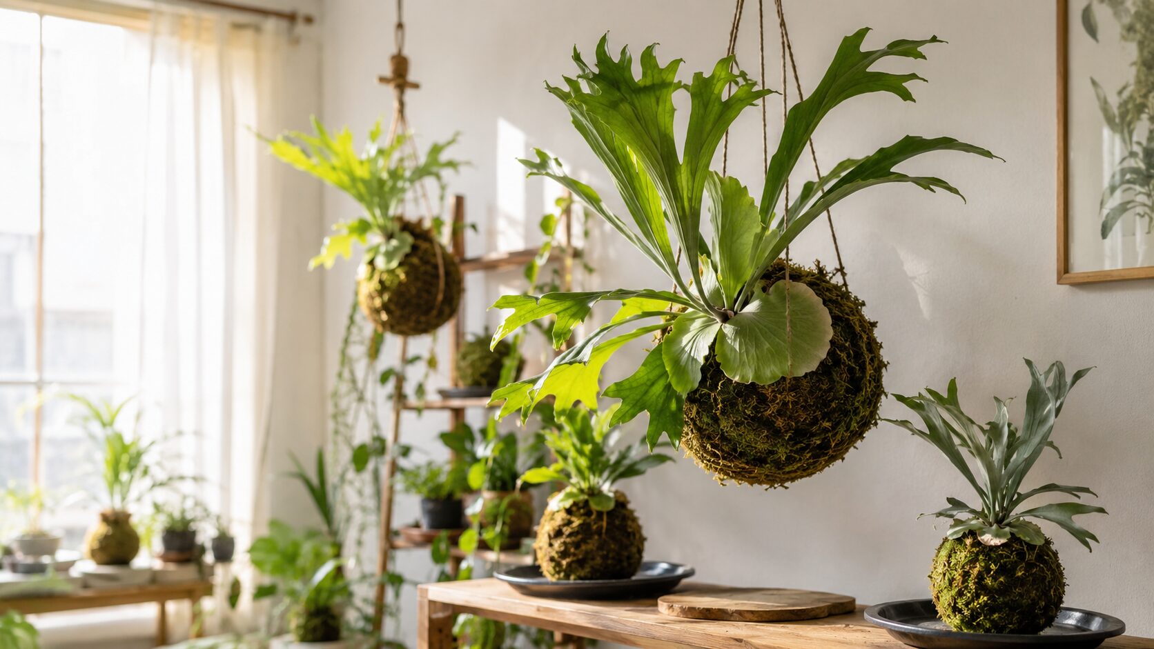 室内の明るい空間で複数のビカクシダ苔玉を吊るしや卓上で管理している様子。苔玉管理の全体イメージが分かる実写写真