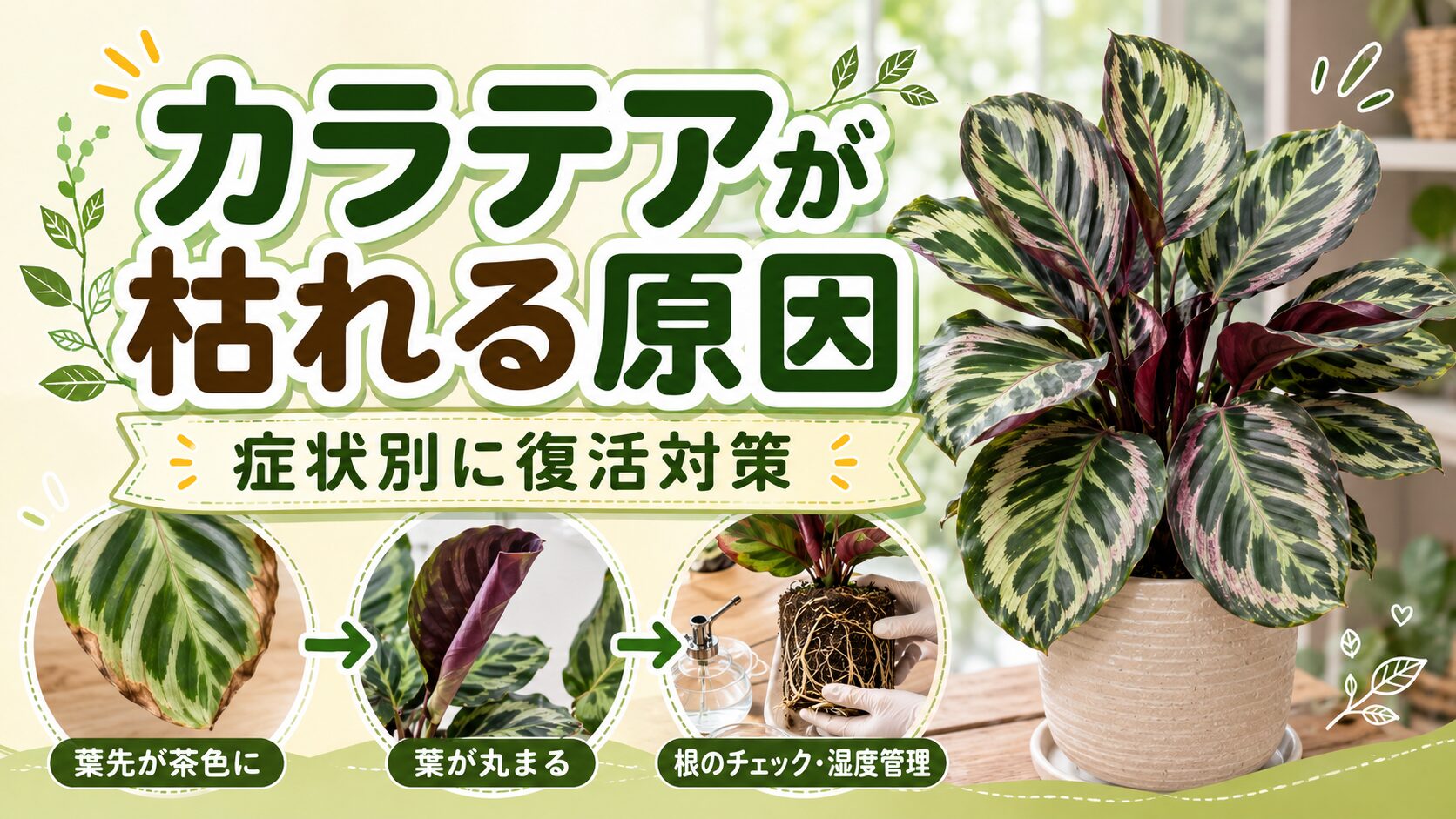 カラテアが枯れる原因と復活対策を紹介するアイキャッチ画像。大きなカラテアの鉢植えと、葉先が茶色い症状、葉が丸まる症状、根のチェックと湿度管理のポイントをまとめている