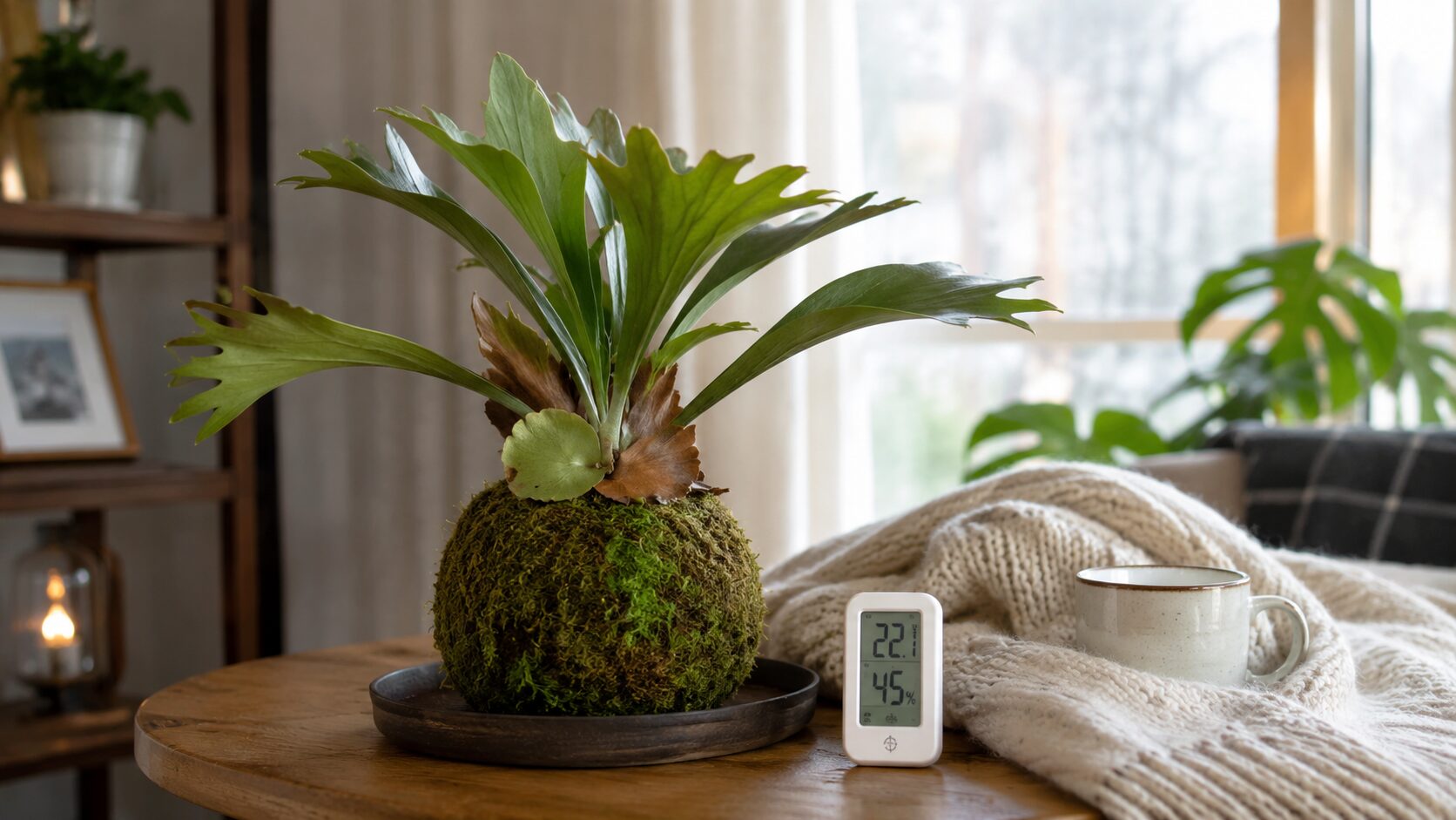 室内のテーブルに置かれたビカクシダ苔玉と温湿度計。冬越しと温度管理のポイントを表した実写写真