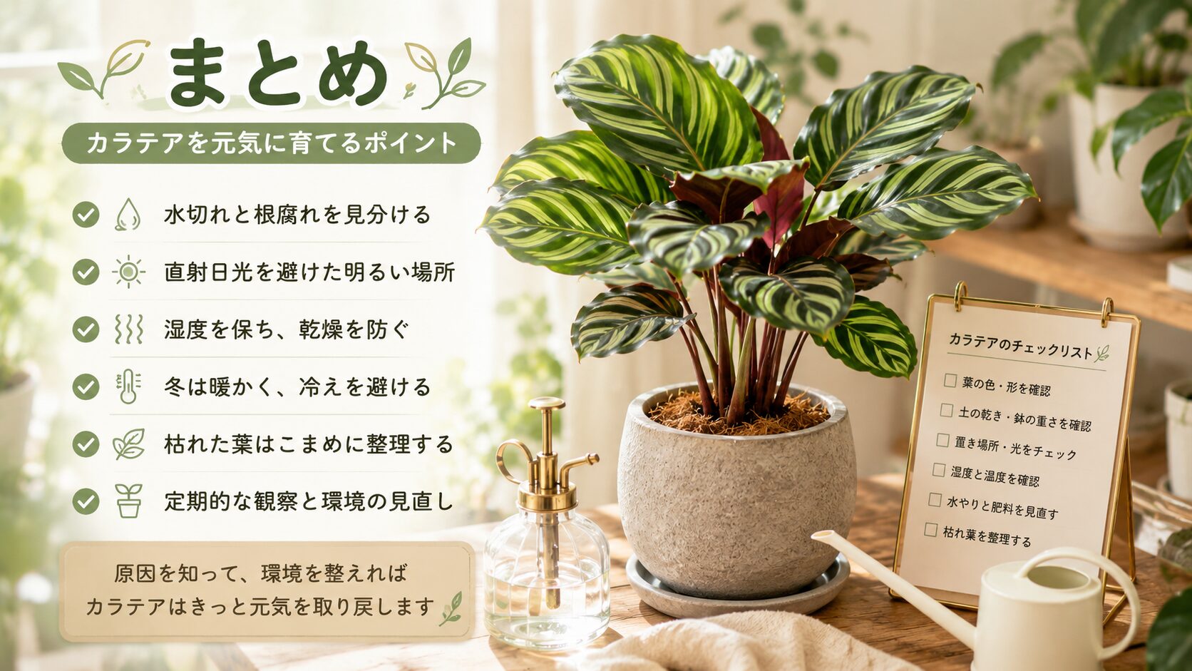 カラテアを元気に育てるポイントをまとめた、明るい室内のカラテアと水やり道具、チェックリストの画像