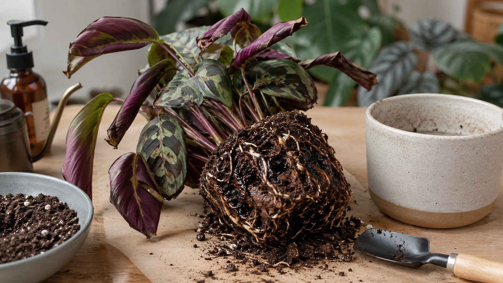 鉢から抜いたカラテアの根鉢を確認している植え替え作業の画像。根腐れで葉が丸まる症状と根の確認を表現