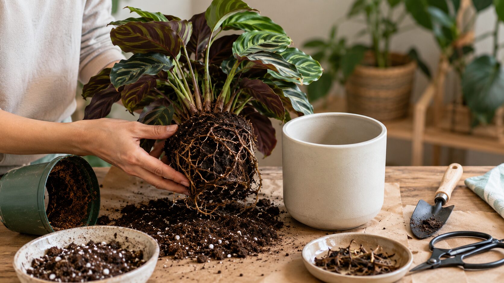 カラテアを鉢から抜いて根鉢を確認しながら植え替え準備をしている画像。根腐れ時の植え替え方法をイメージ