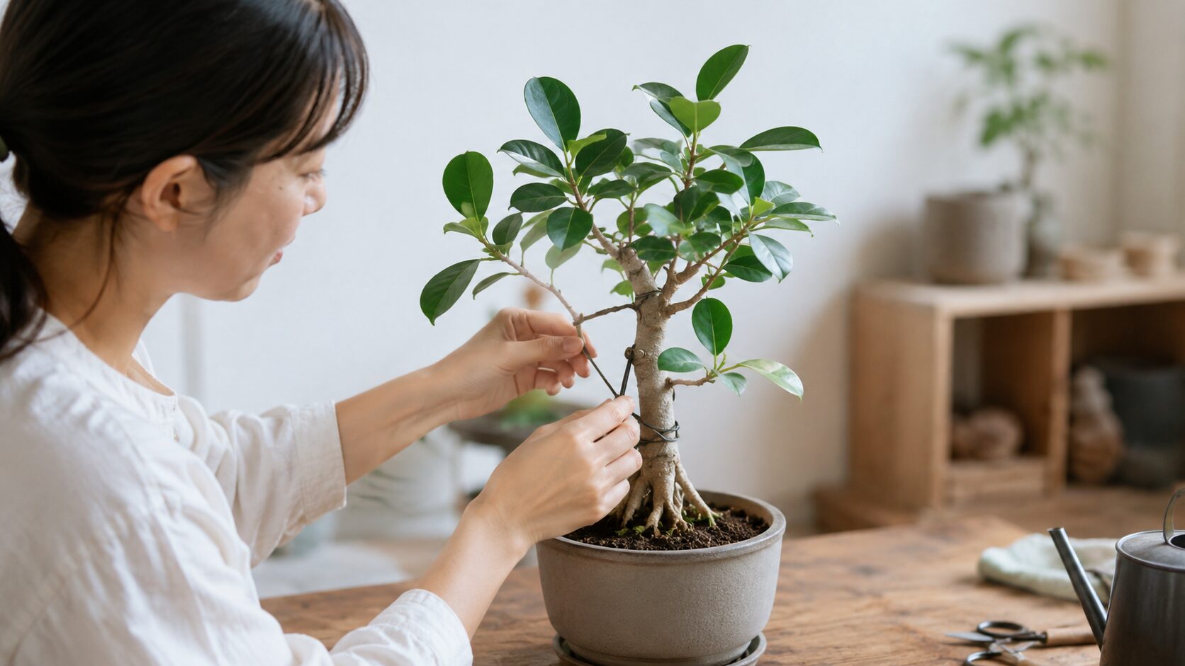 日本人女性がフィカス・ベンガレンシスの固定状態を確認しながら管理している様子