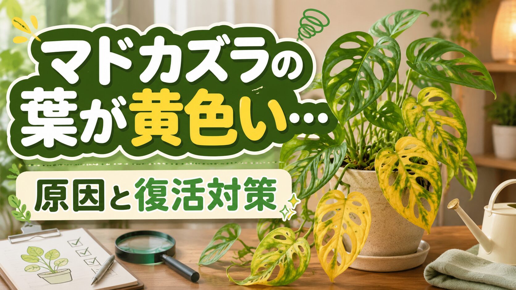 マドカズラの葉が黄色い原因と復活対策を紹介するアイキャッチ画像。黄色くなった葉のあるマドカズラと、確認用のノートや虫眼鏡を配置したデザイン。