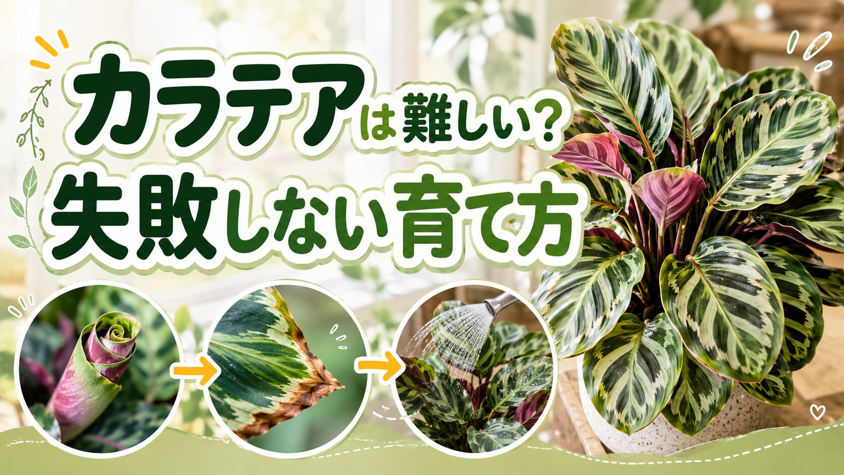 カラテアは難しい？失敗しない育て方をテーマに、健康なカラテアの株姿と葉先の傷み、新芽、水やりの様子をまとめたアイキャッチ画像