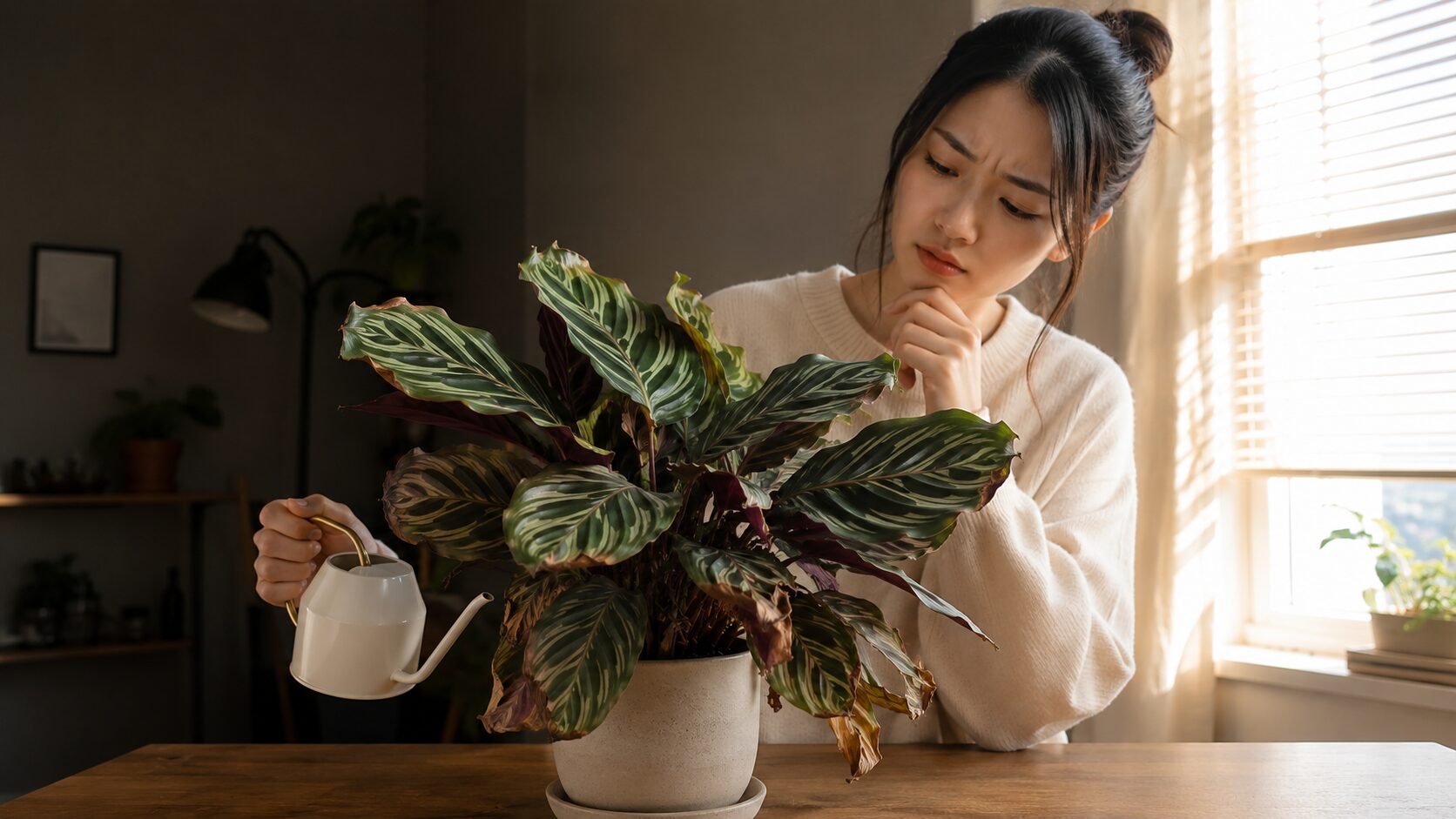 カラテアを室内で管理する日本人女性の様子を通して、初心者が失敗しやすい育て方のポイントを表現した画像