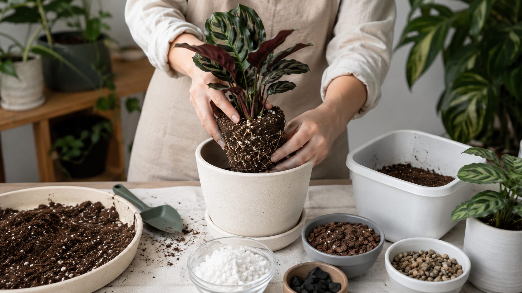 カラテアを鉢に植え替えながら用土や資材を確認している様子を写した、土と植え替えの注意点を示す見出し画像