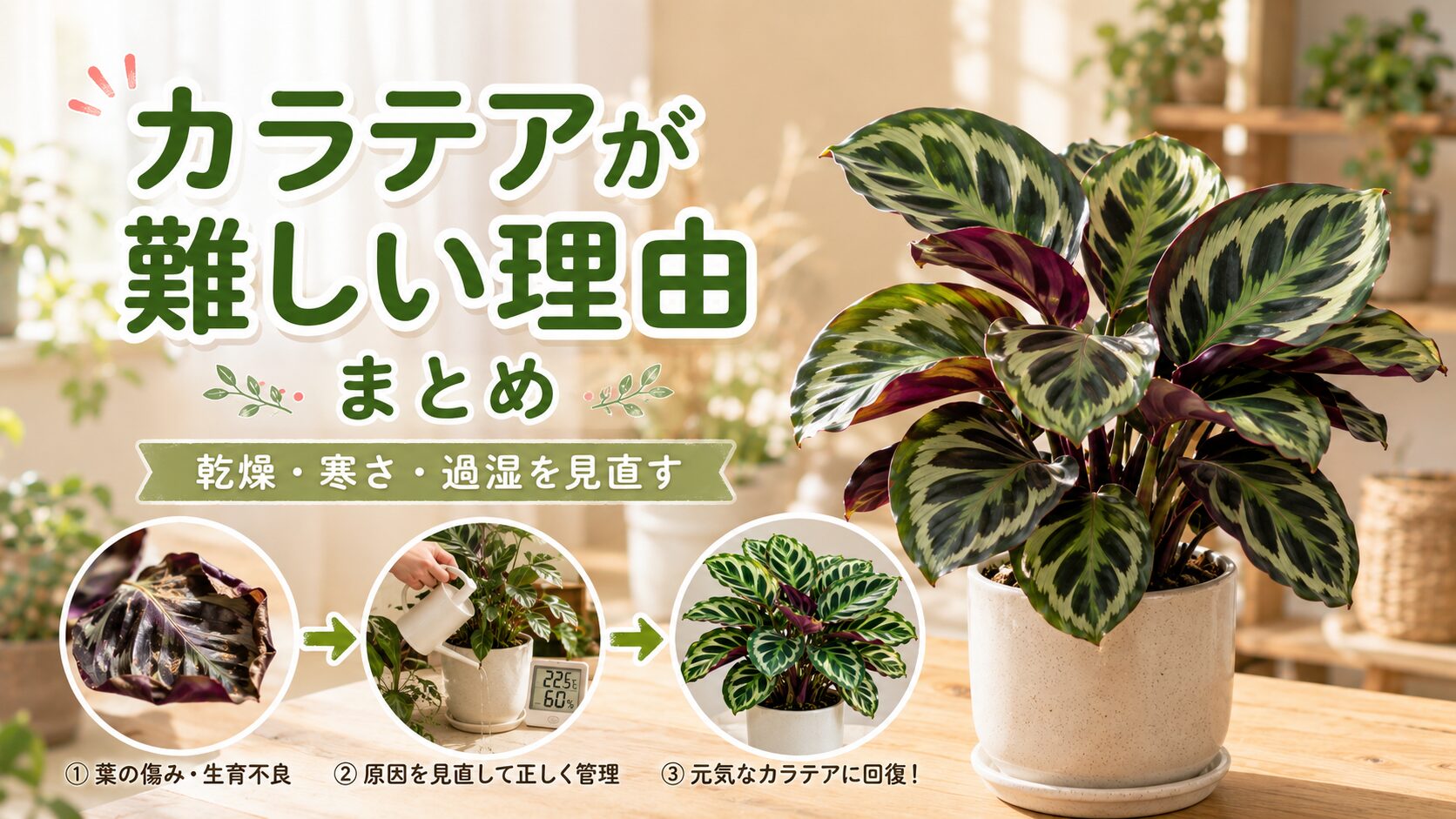 カラテアが難しい理由をまとめ、葉の傷みから乾燥・寒さ・過湿の見直し、元気な株への回復までを示したまとめ画像