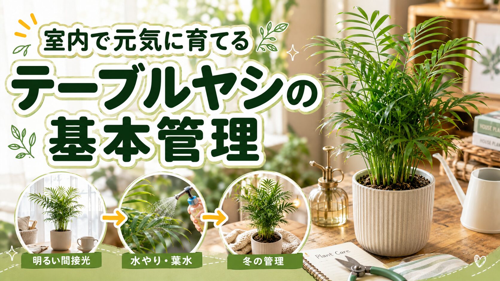 明るい室内で鉢植えのテーブルヤシを大きく配置し、明るい間接光・水やりと葉水・冬の管理のポイントを丸い補足写真で示した、テーブルヤシの基本管理を紹介するアイキャッチ画像
