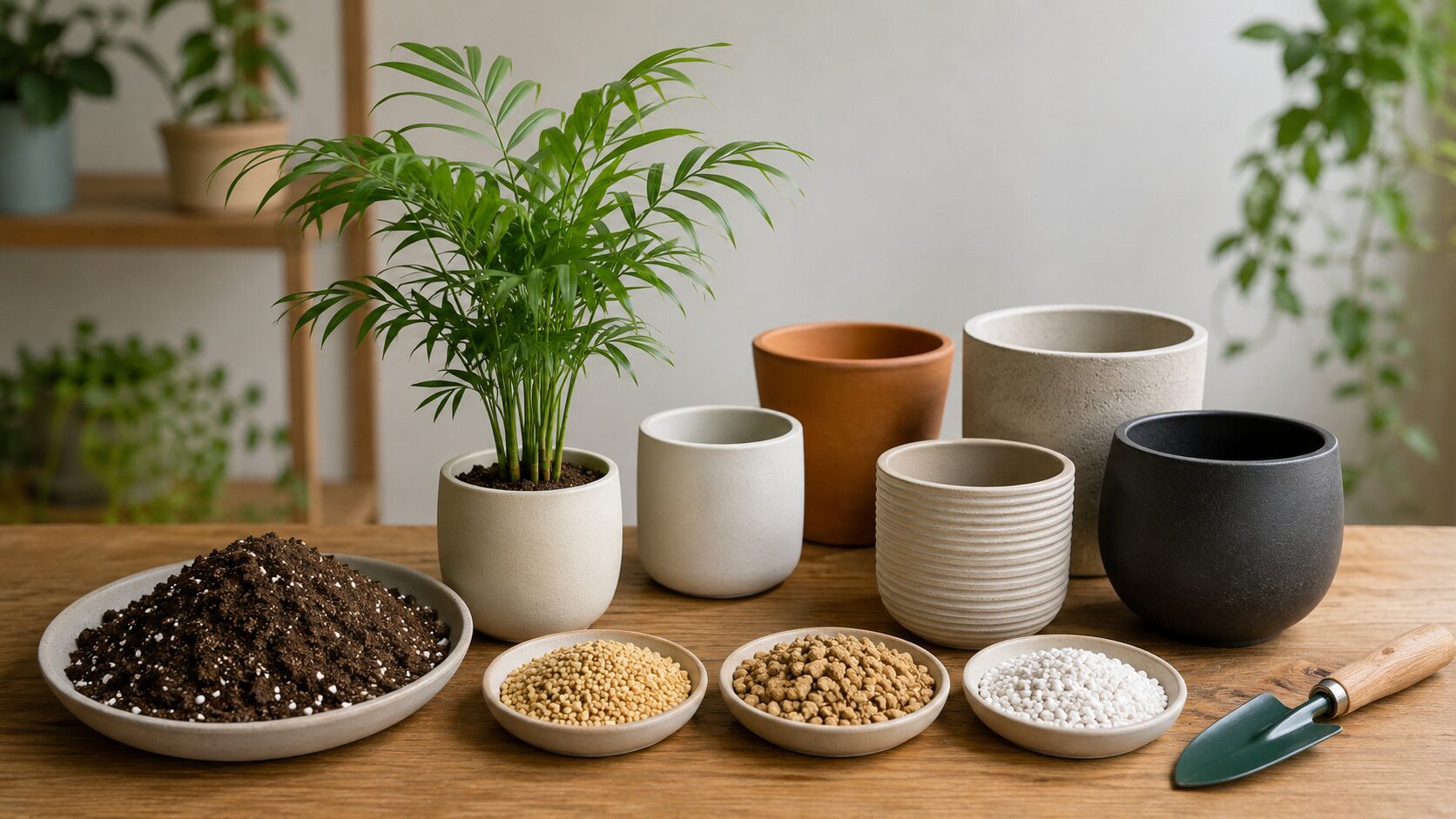 テーブルヤシの鉢植えと複数の鉢、観葉植物用土や排水材を並べた、土と鉢選びを説明する画像