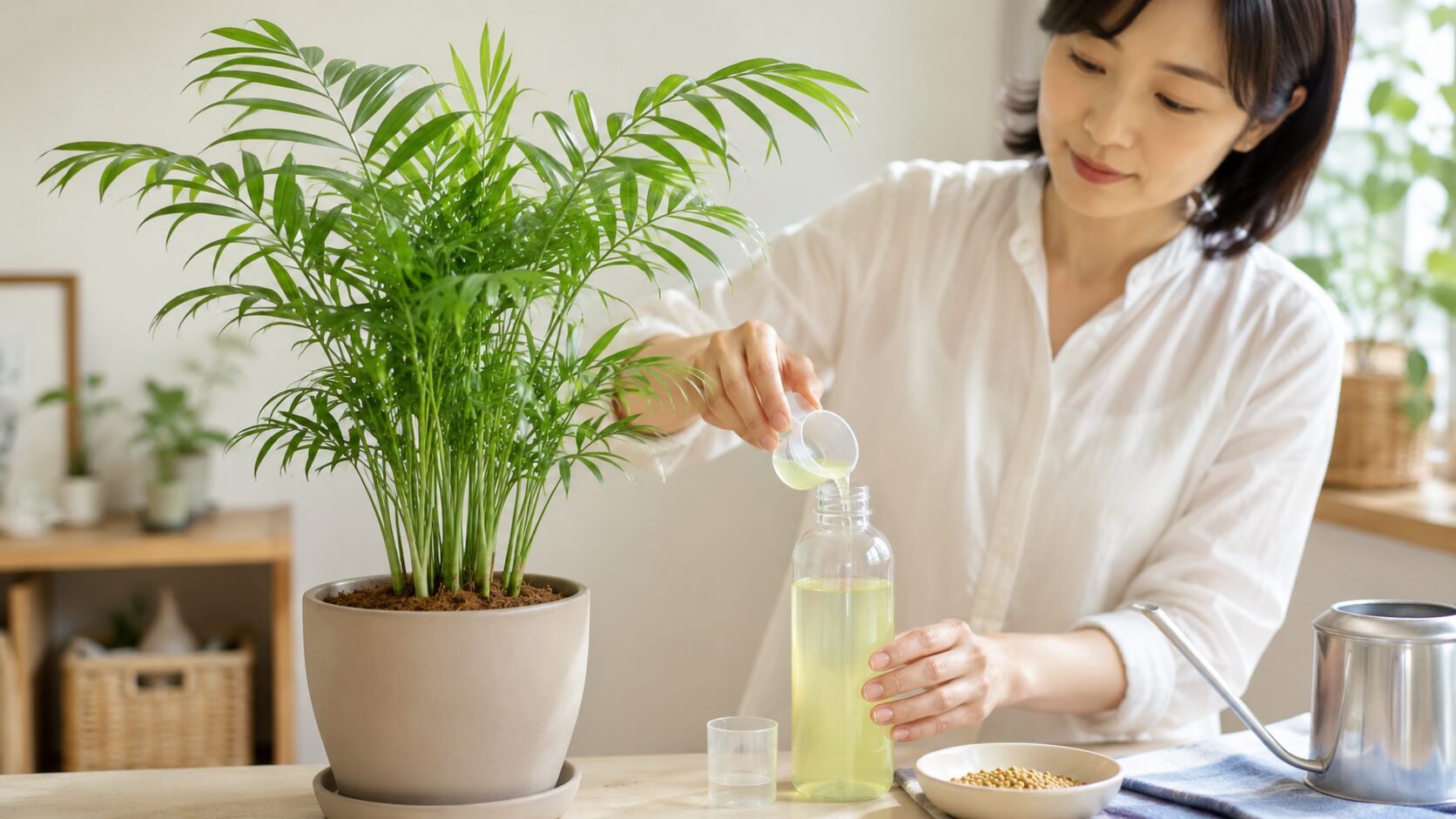 元気に育つテーブルヤシのそばで液体肥料を準備する日本人女性を写した、成長期の肥料管理の画像