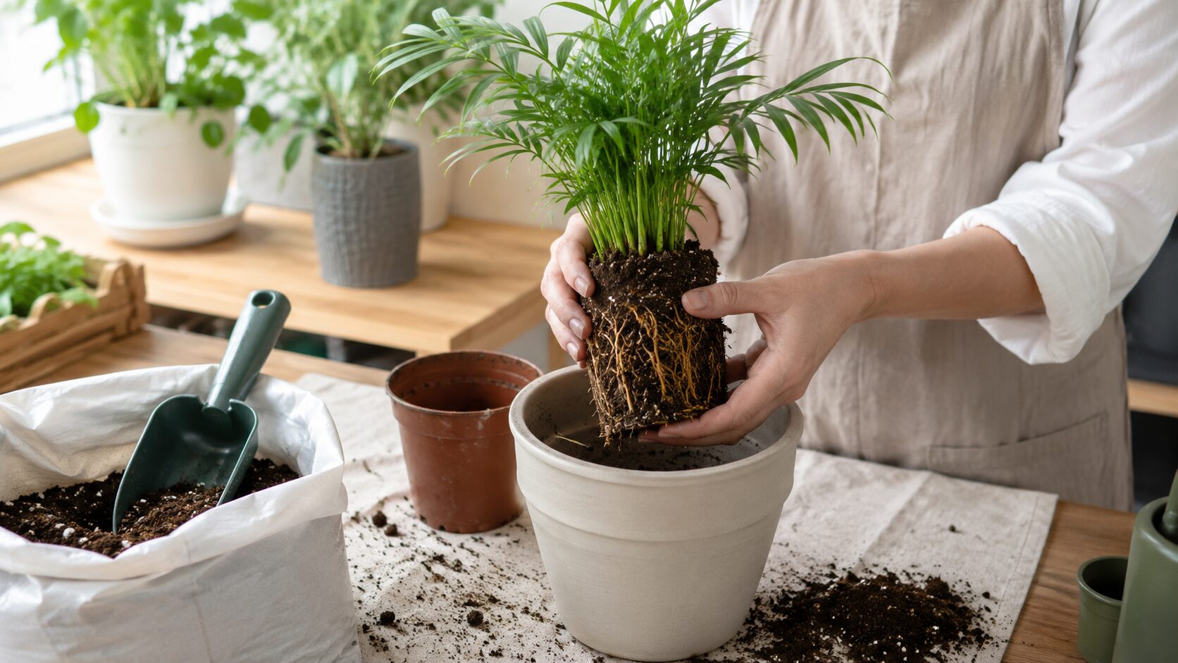テーブルヤシの根鉢を持ち、一回り大きい鉢へ植え替える作業を写した、植え替え手順の画像