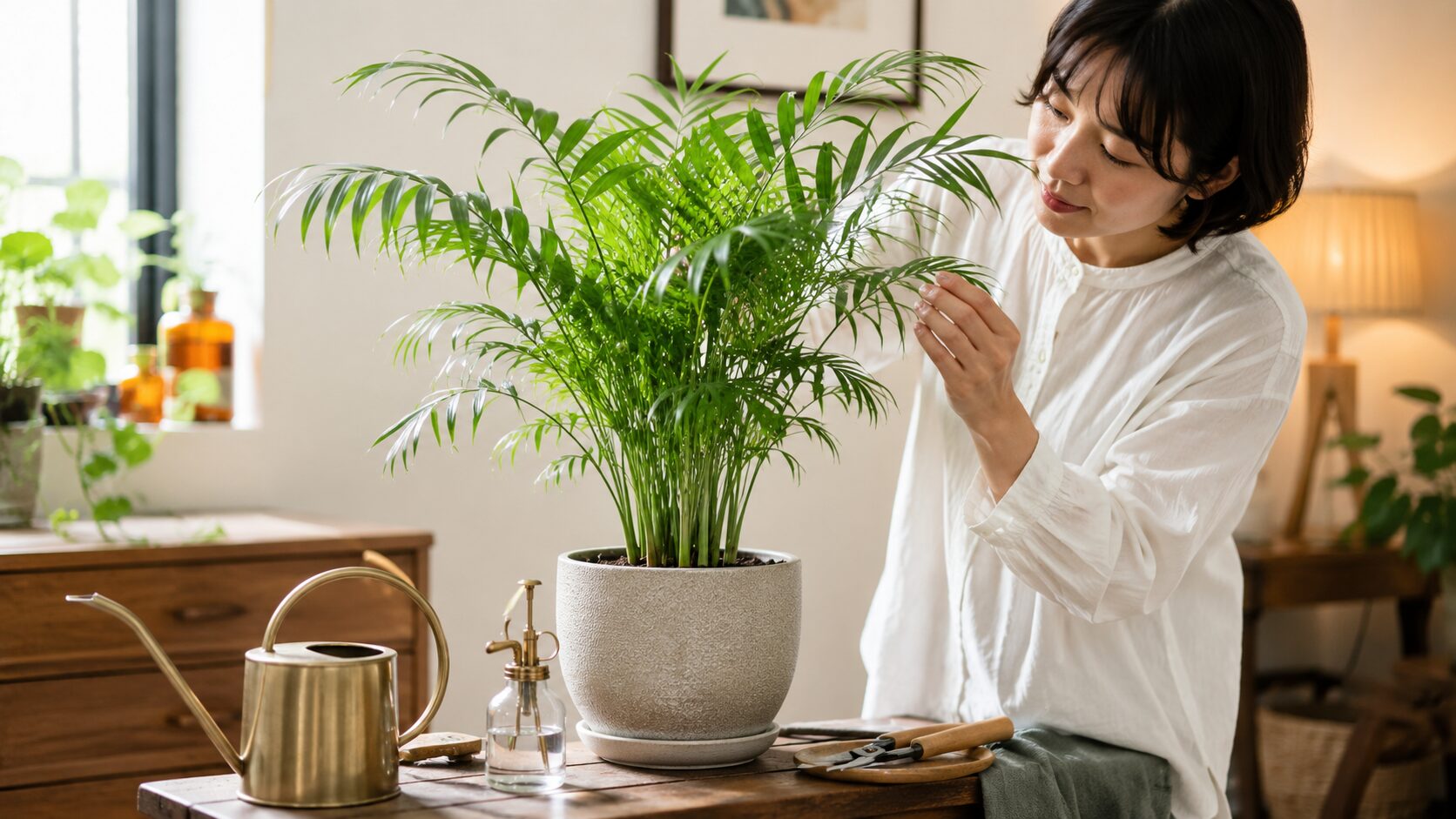 室内で日本人女性がテーブルヤシの葉を確認し、水差しや園芸道具を並べて育て方と対策を行う様子
