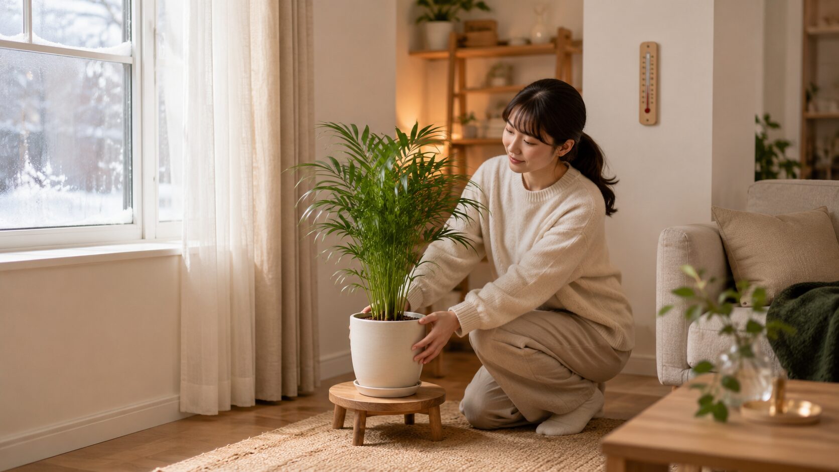 冬の窓辺から少し離した室内で、日本人女性がテーブルヤシを暖かい場所に移して寒さ対策をする画像