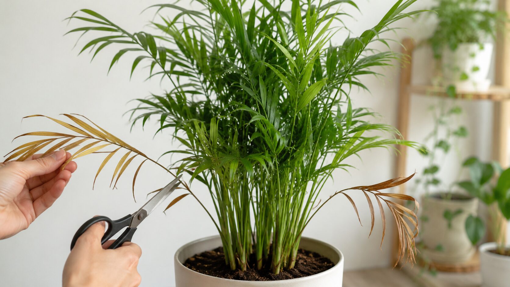 テーブルヤシの古く茶色くなった葉だけをハサミで切り、健康な緑の葉を残す剪定の見極め画像
