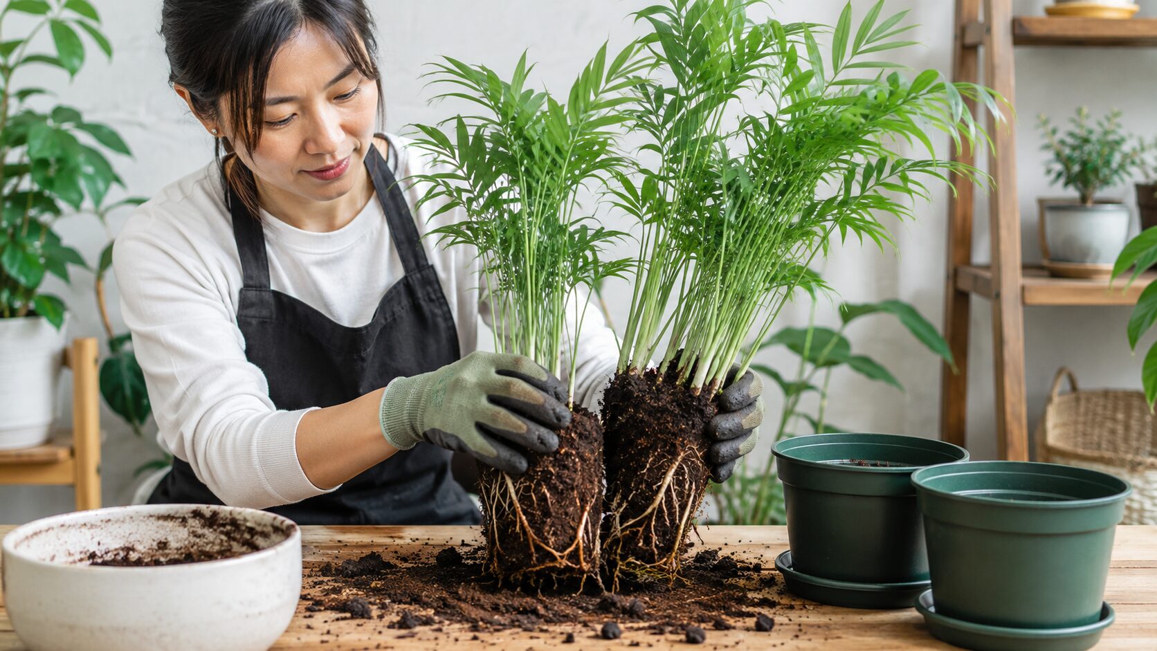 日本人女性がテーブルヤシの根鉢を分け、複数の鉢へ植え替える株分け作業をしている画像