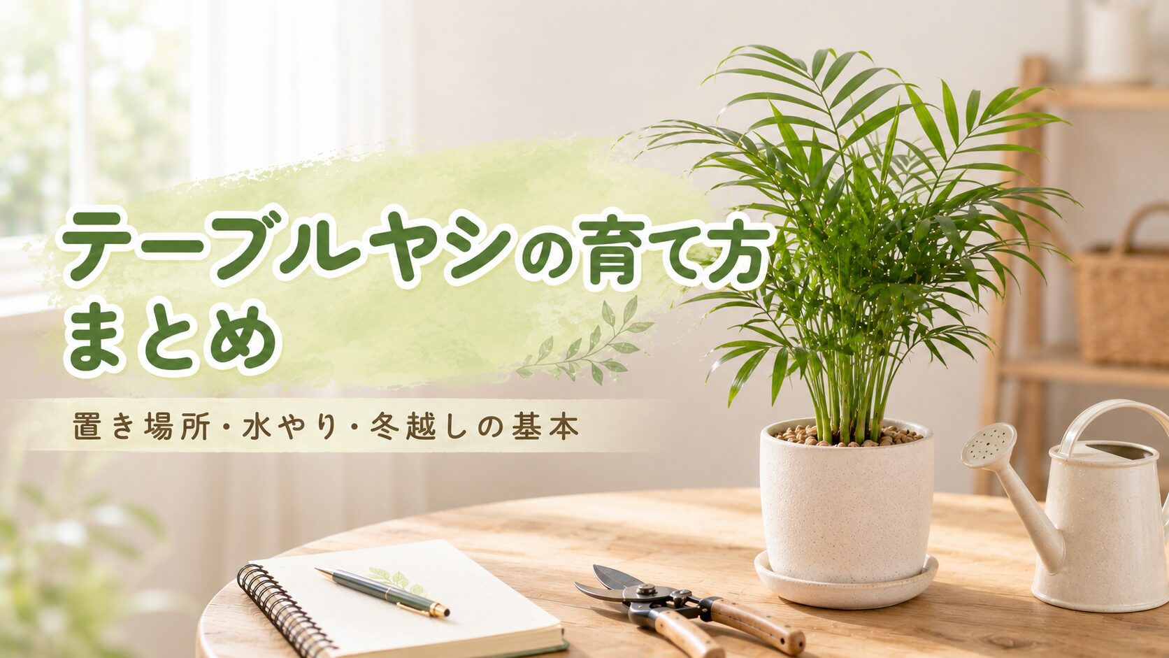 明るい室内で鉢植えのテーブルヤシと水差し・剪定ばさみを並べ、置き場所や水やり、冬越しの基本をまとめた画像