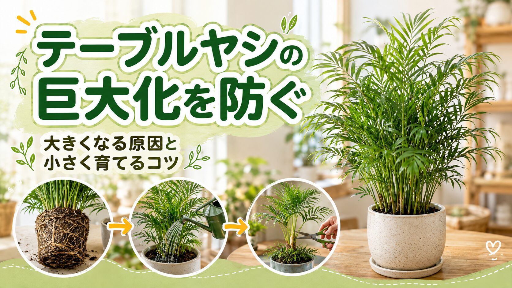 テーブルヤシの巨大化を防ぐ方法を紹介するアイキャッチ画像。大きなテーブルヤシの鉢植えと、根詰まり・水やり・剪定の管理ポイントをイメージした写真付きデザイン