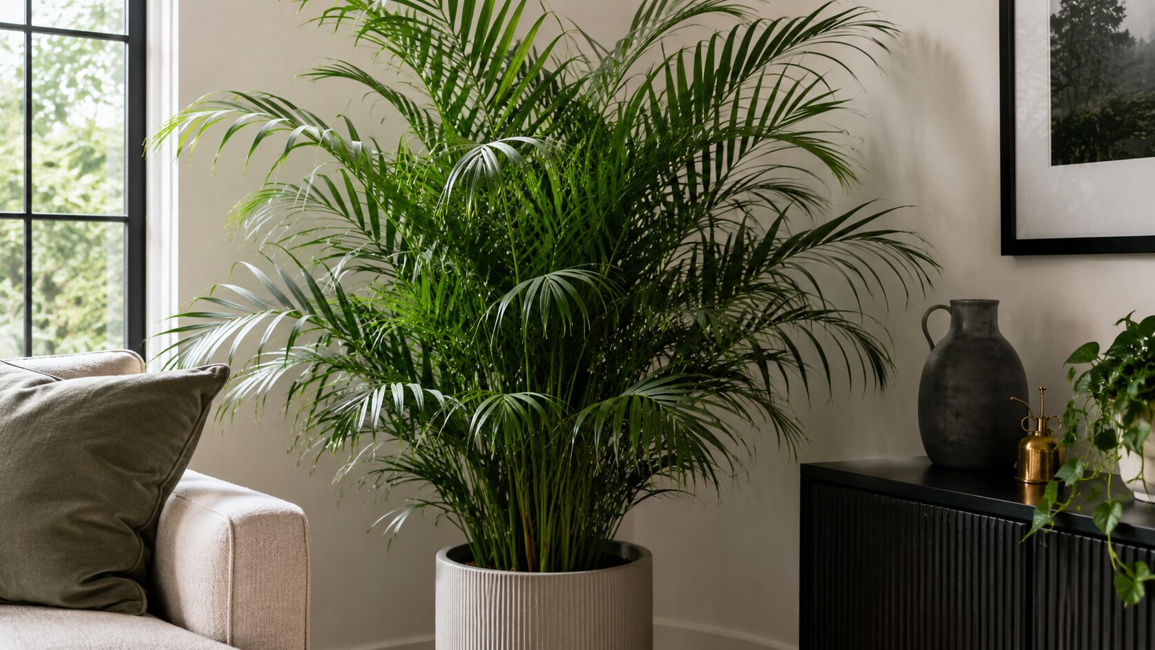 室内で大きく茂ったテーブルヤシの鉢植え。テーブルヤシが巨大化する原因をイメージした観葉植物の写真