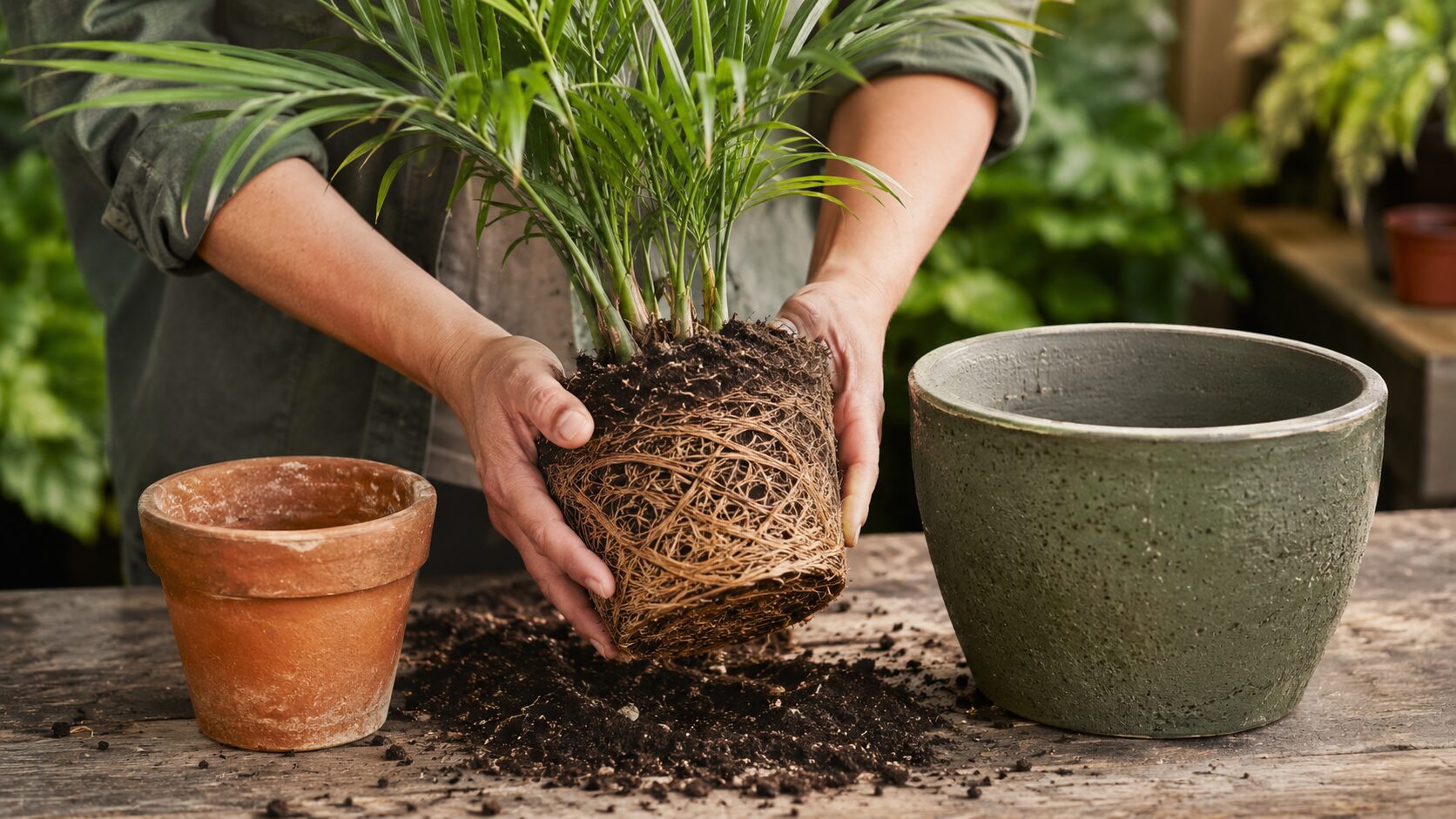 根が密に回ったテーブルヤシの根鉢を持ち、植え替え用の鉢と比べている写真