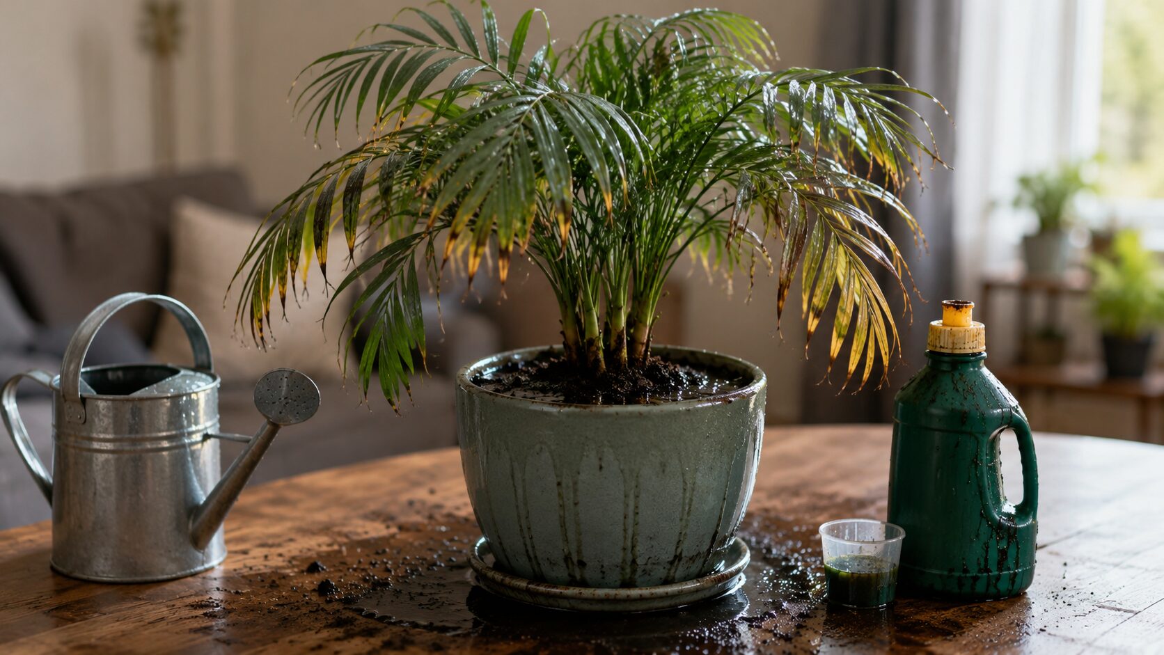 水やりと肥料の与えすぎで葉先が傷んだテーブルヤシと濡れた鉢土の写真