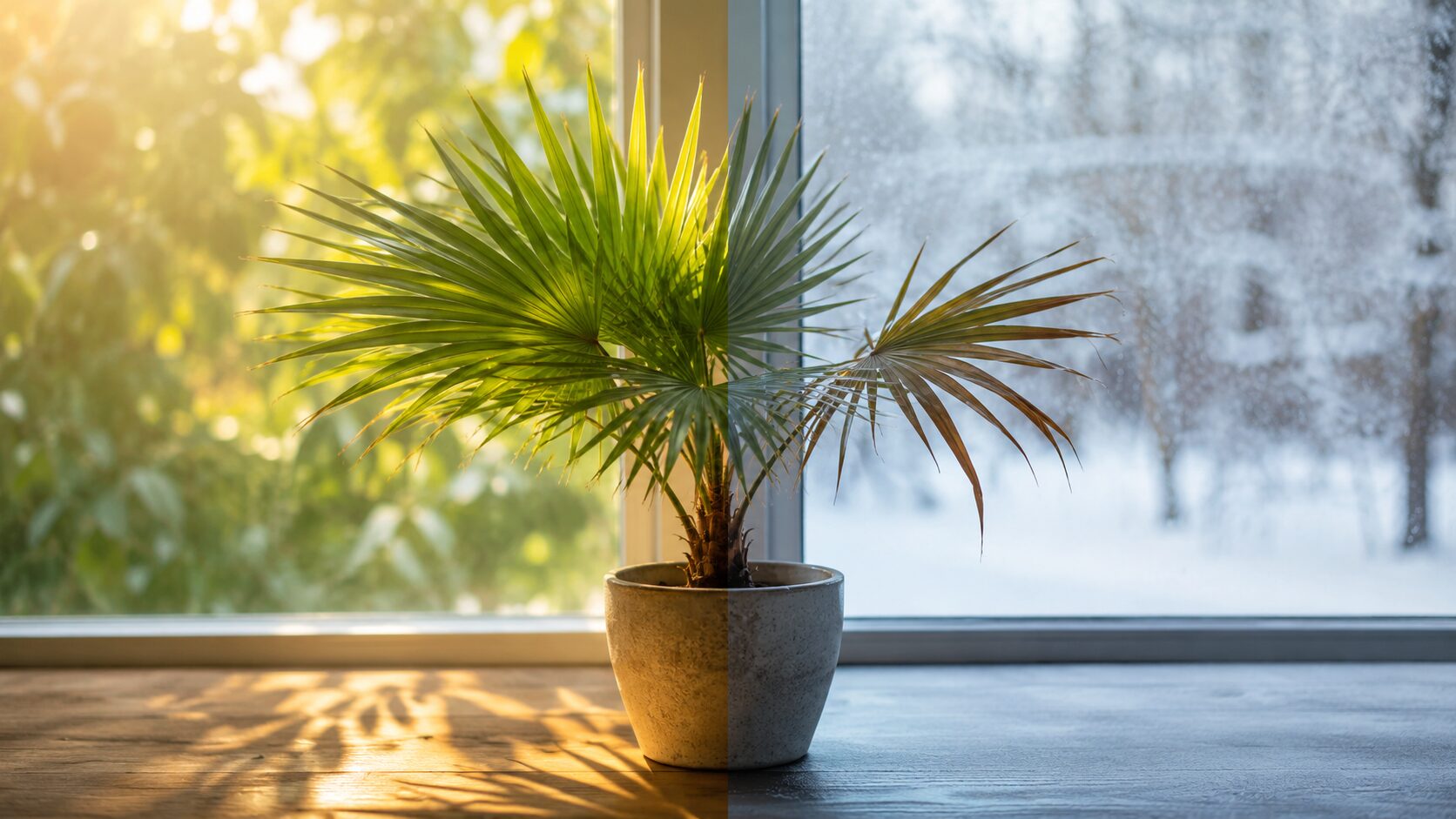 暖かい日差しと寒い窓辺の環境差を表現したテーブルヤシの鉢植え写真