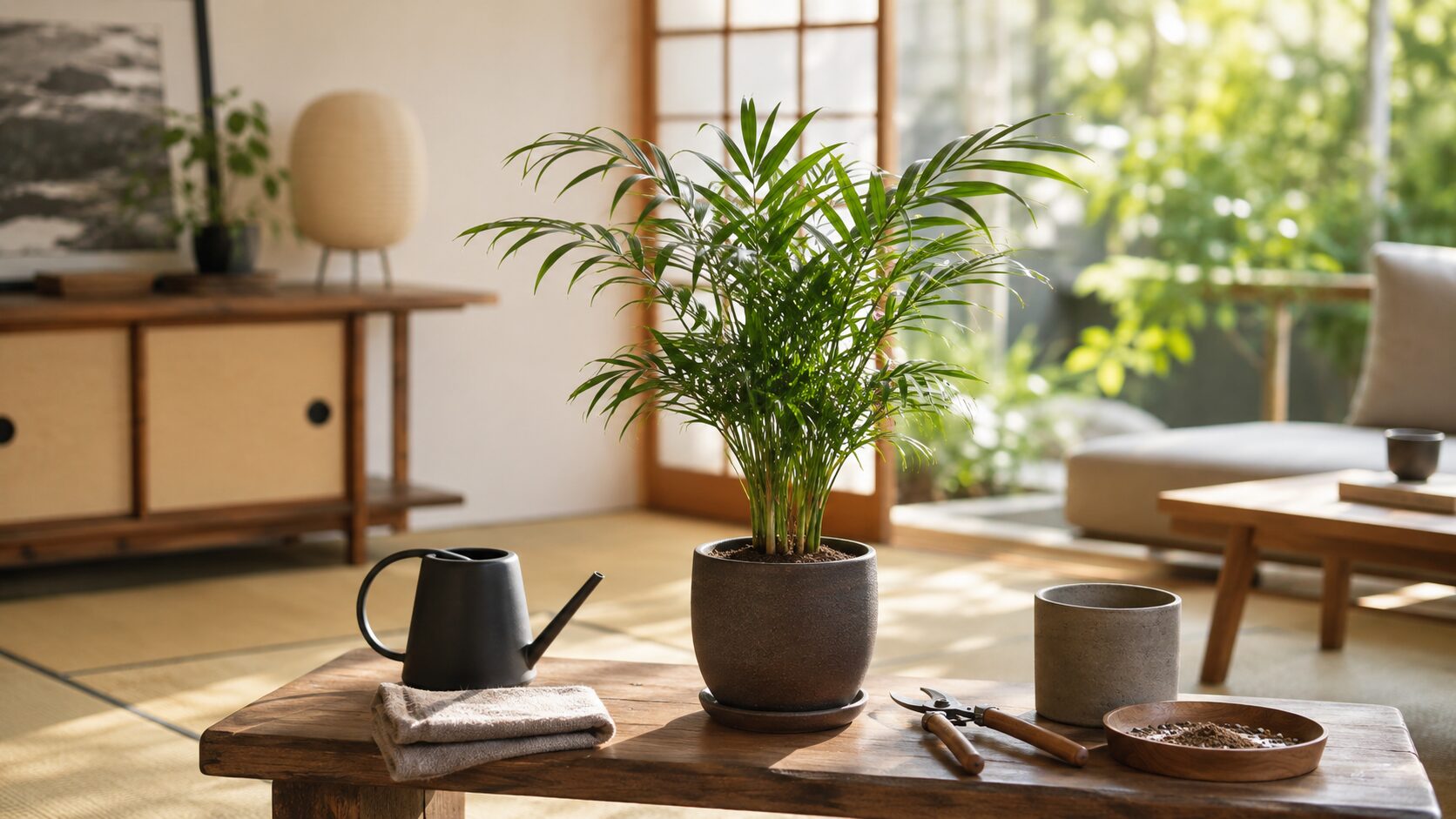 室内の明るい空間で、テーブルヤシと水差し、植え替え用の鉢や道具を並べた写真。テーブルヤシの巨大化を防ぐ管理をイメージした見出し画像