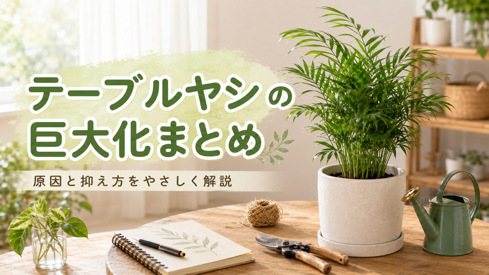 明るい室内で鉢植えのテーブルヤシと園芸道具を並べた、テーブルヤシの巨大化原因と抑え方を解説する画像