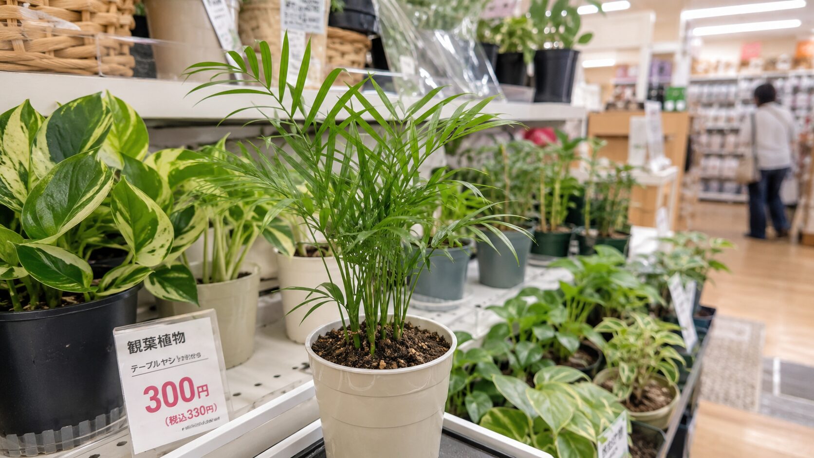 ダイソーの観葉植物売り場に並ぶテーブルヤシのイメージ画像。店頭の棚に置かれた鉢植えのテーブルヤシと価格表示が写っており、ダイソーで買えるかを紹介する見出しに合う内容。