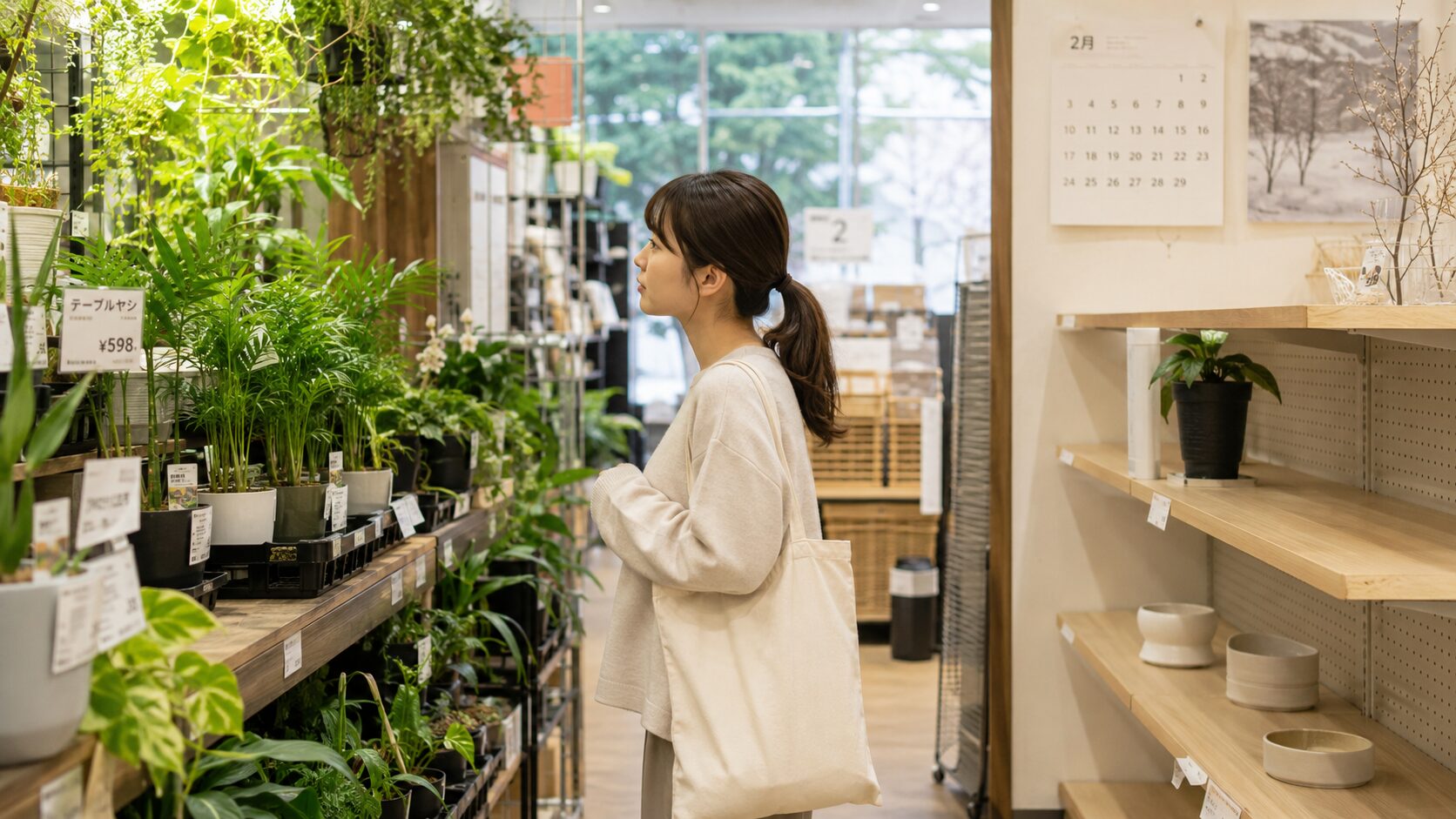 観葉植物売り場でテーブルヤシを探す女性のイメージ画像。店舗によって品ぞろえが異なる様子を表現し、テーブルヤシが売ってる店舗や時期の違いをイメージしやすい構図になっている。