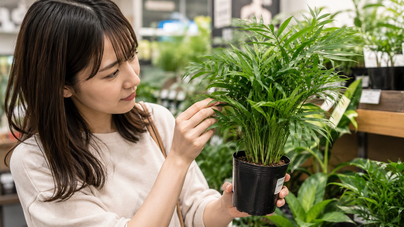 店頭でテーブルヤシの葉や株の状態を確認する女性のイメージ画像。500円苗を選ぶ時に、葉色やボリューム、傷みの有無をチェックする場面を表現している。
