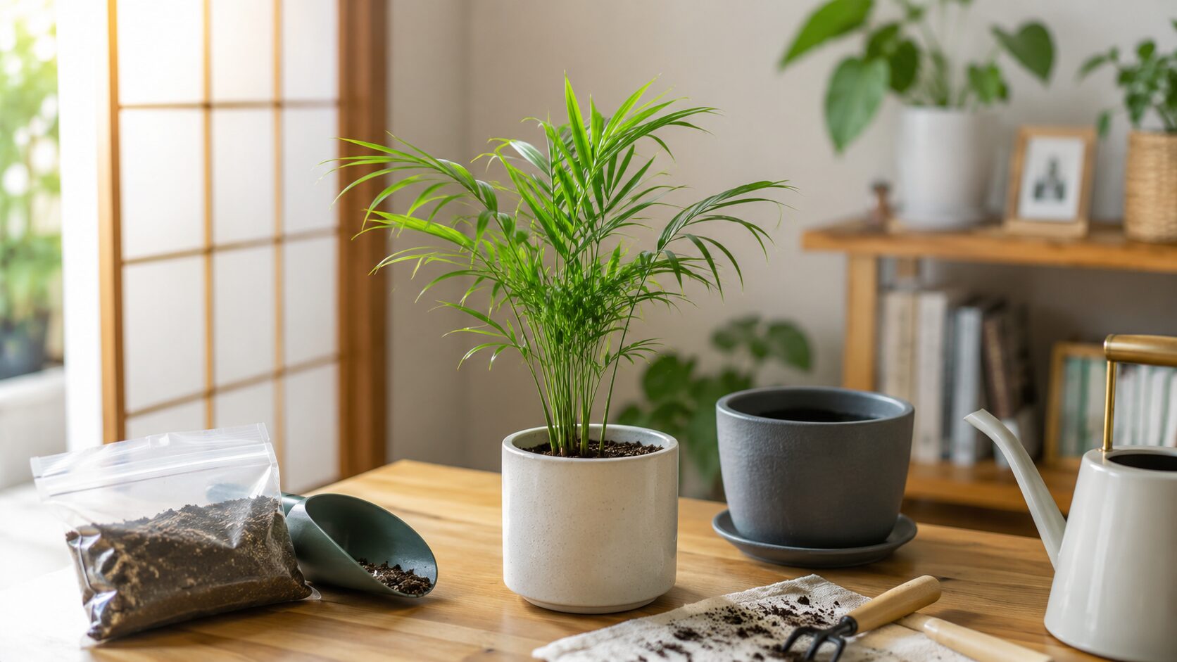室内の明るい部屋で、テーブルヤシの鉢と植え替え用の土や鉢を並べたイメージ画像。ダイソー苗からテーブルヤシを育て始める場面をわかりやすく表現している。