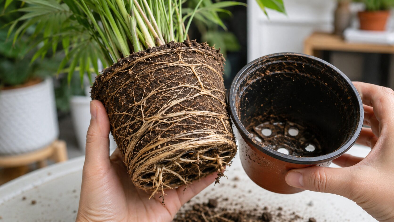鉢から抜いたテーブルヤシの根鉢を手に持ち、根がびっしり回った状態を確認しているイメージ画像。植え替えが必要なサインである根詰まりを視覚的に伝えている。