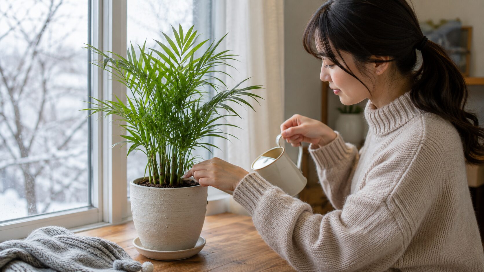 冬の窓辺で、日本人女性がテーブルヤシの土の状態を見ながらじょうろで水やりしているイメージ画像。水やり頻度と冬の管理方法をイメージしやすい構図になっている。
