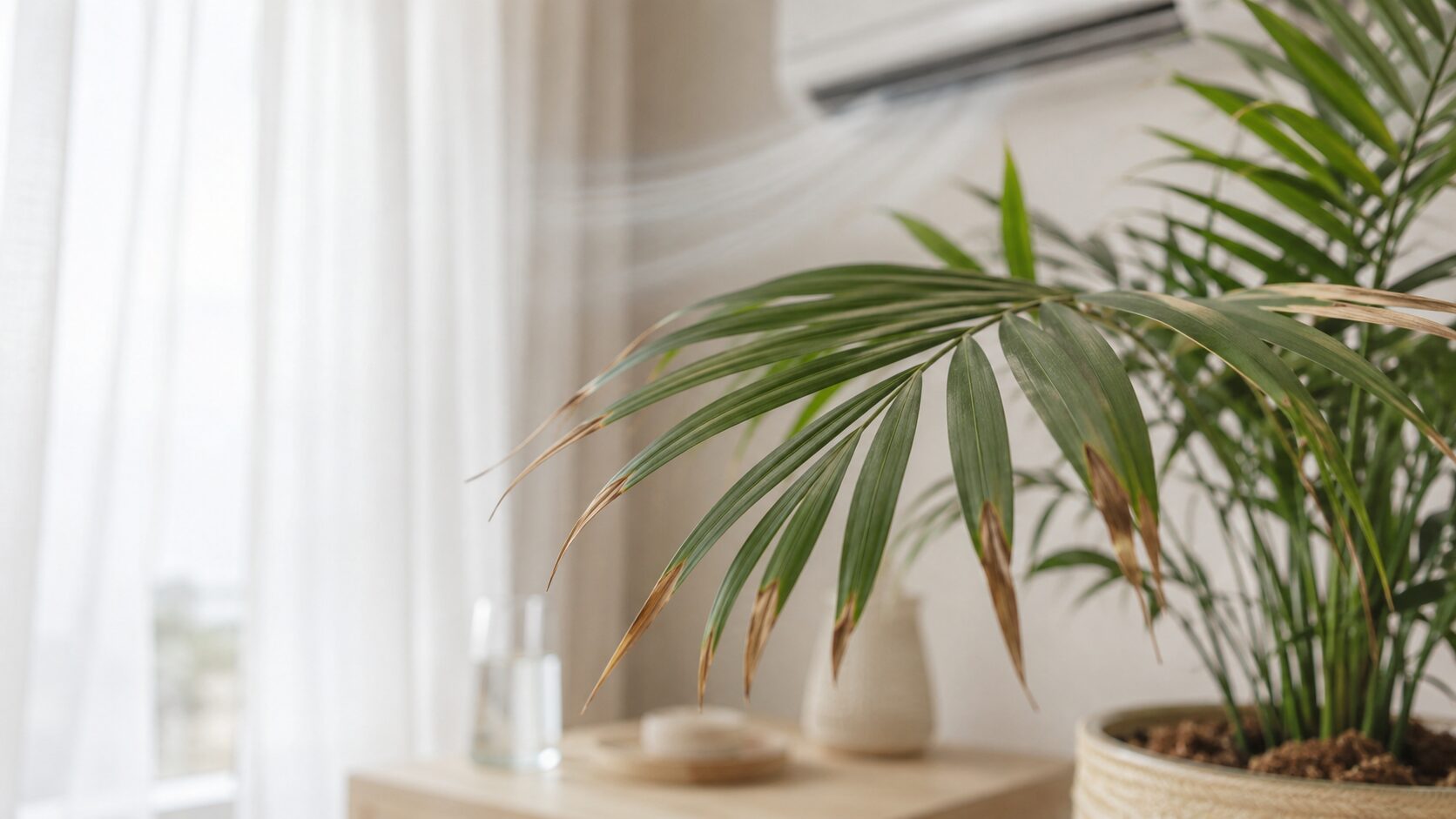 室内のテーブルヤシの葉先が茶色く枯れ込み、近くにエアコンの風が当たっている様子を表したイメージ画像。置き場所や乾燥が葉先の傷みに関係することを示している。