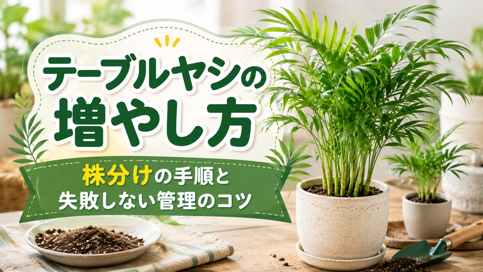 テーブルヤシの鉢植えと園芸道具を背景に、テーブルヤシの増やし方と株分けの手順、失敗しない管理のコツを大きく配置したアイキャッチ画像。
