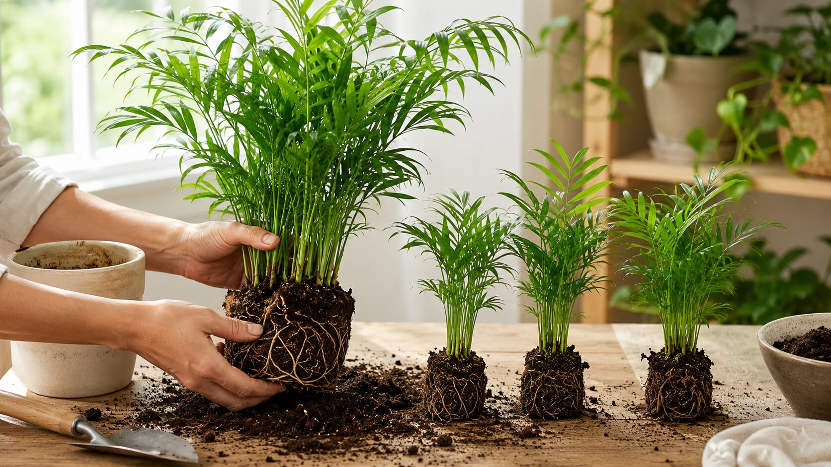 明るい室内で元気に育つテーブルヤシの鉢植え。株分けを基本としたテーブルヤシの増やし方をイメージできる画像。