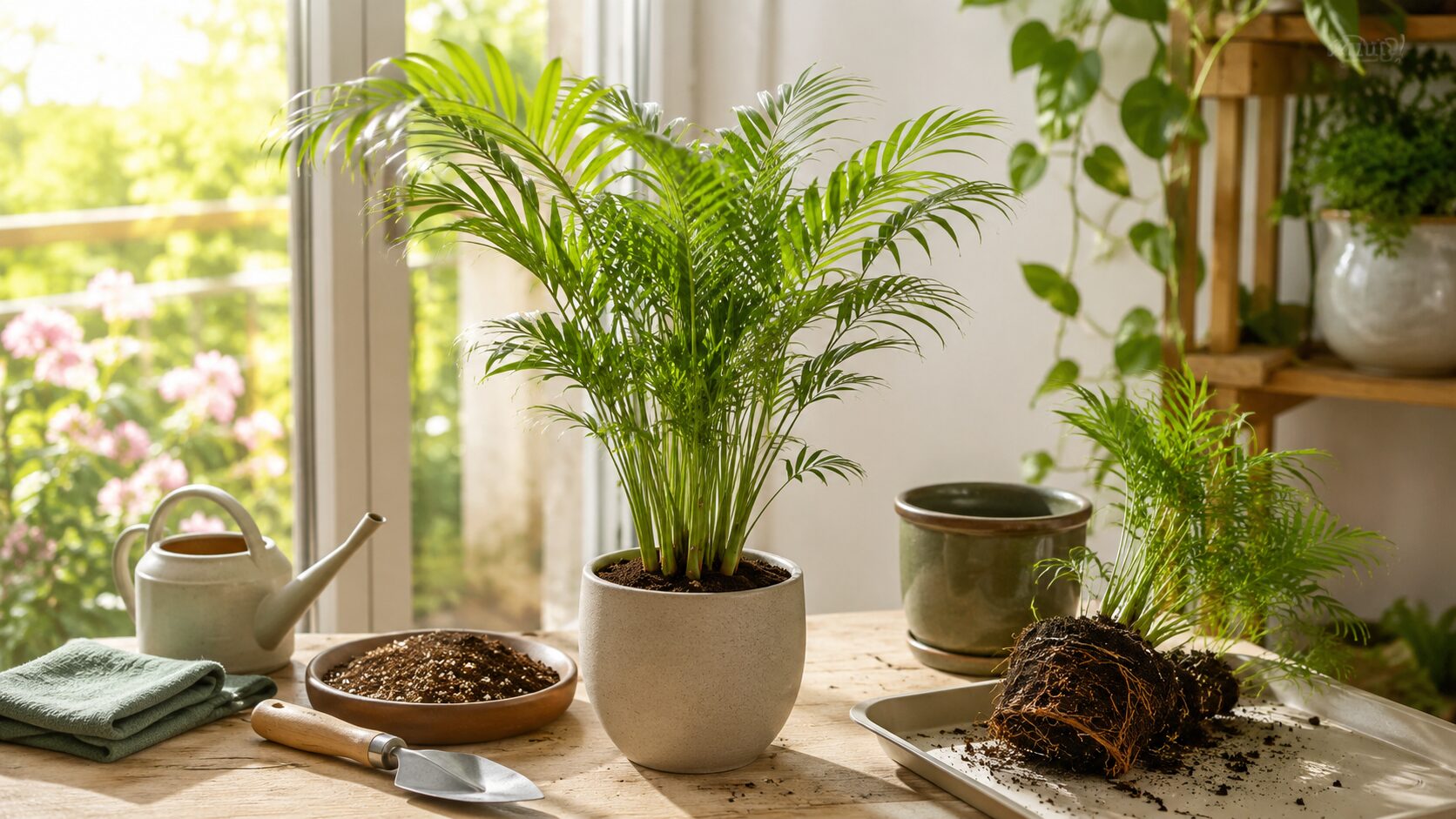 明るい時期にテーブルヤシの植え替えや株分け作業をしている様子。生育期に行うのが適していることをイメージできる画像。