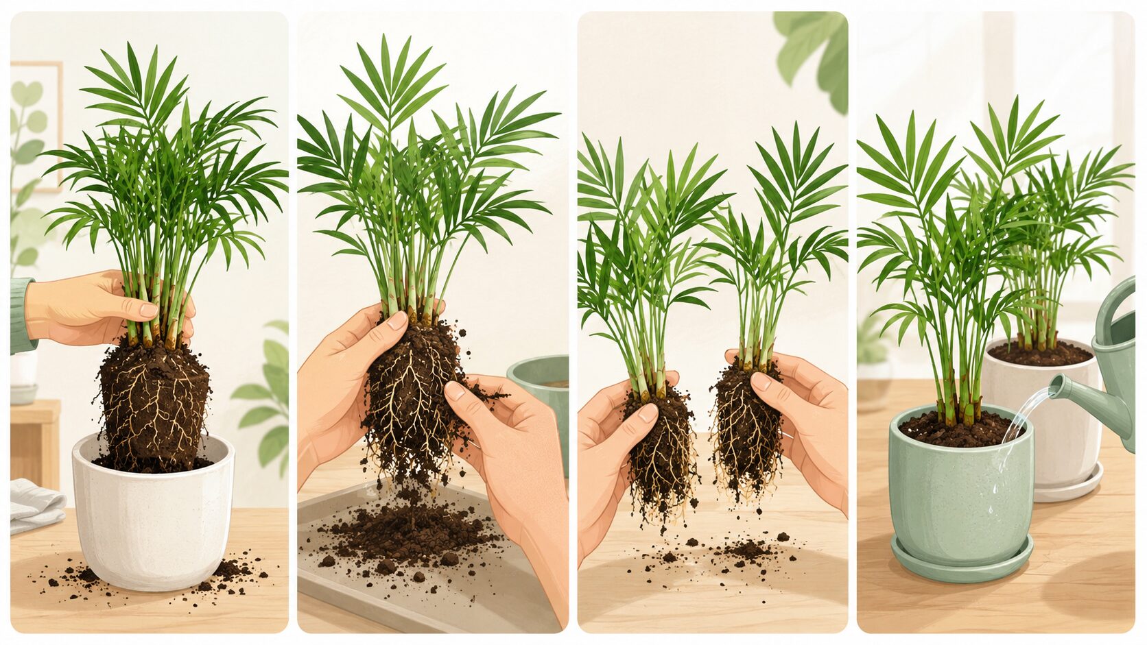テーブルヤシを鉢から抜き、根をほぐして分け、別の鉢へ植え替える流れをイメージした株分け手順の画像。
