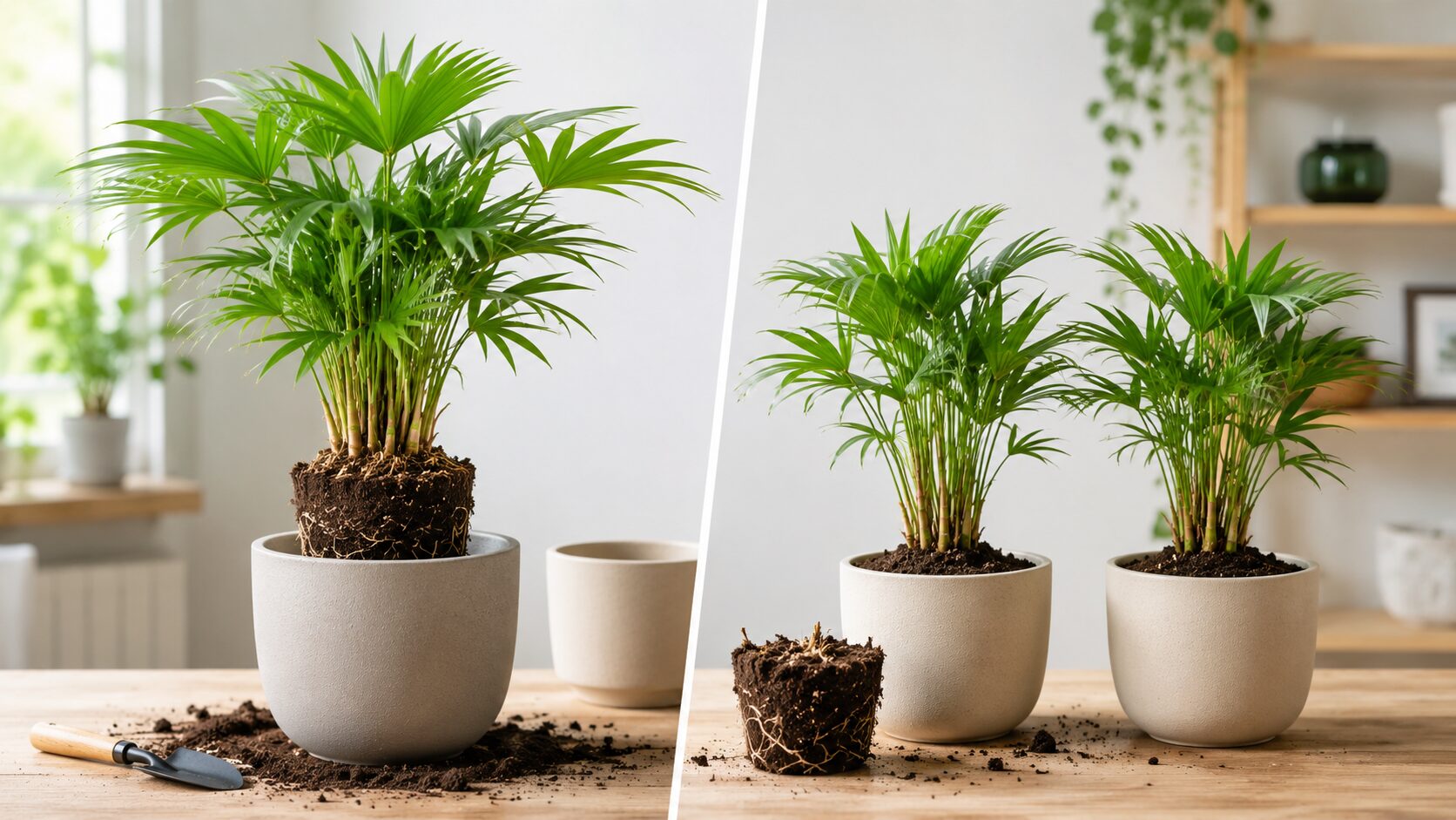 テーブルヤシを植え替える作業と、株を分けて別の鉢に植える作業の違いをイメージできる園芸シーンの画像。