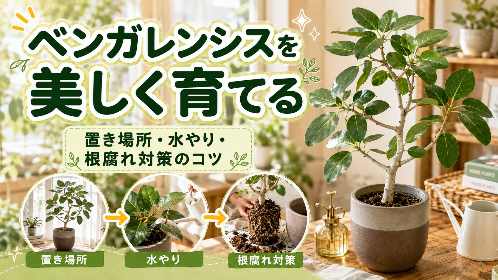 ベンガレンシスを明るい室内で育てるアイキャッチ画像。大きな鉢植えのベンガレンシスと、置き場所・水やり・根腐れ対策を示す3つの補足カットを配置した育て方ガイド