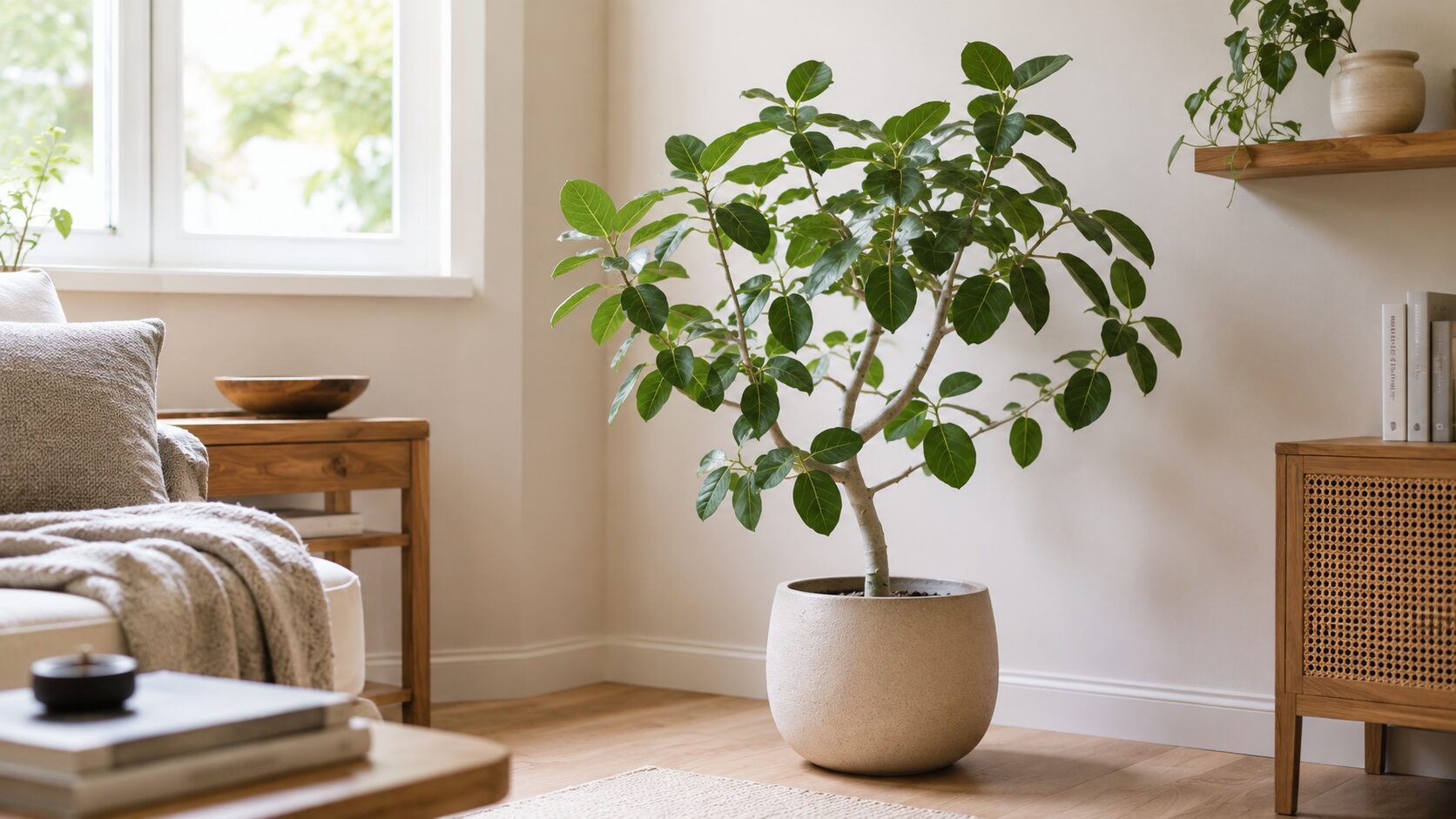 明るい室内に置かれた鉢植えのベンガレンシス。丸い葉と白っぽい幹が分かる、育て方の基本をイメージした観葉植物写真