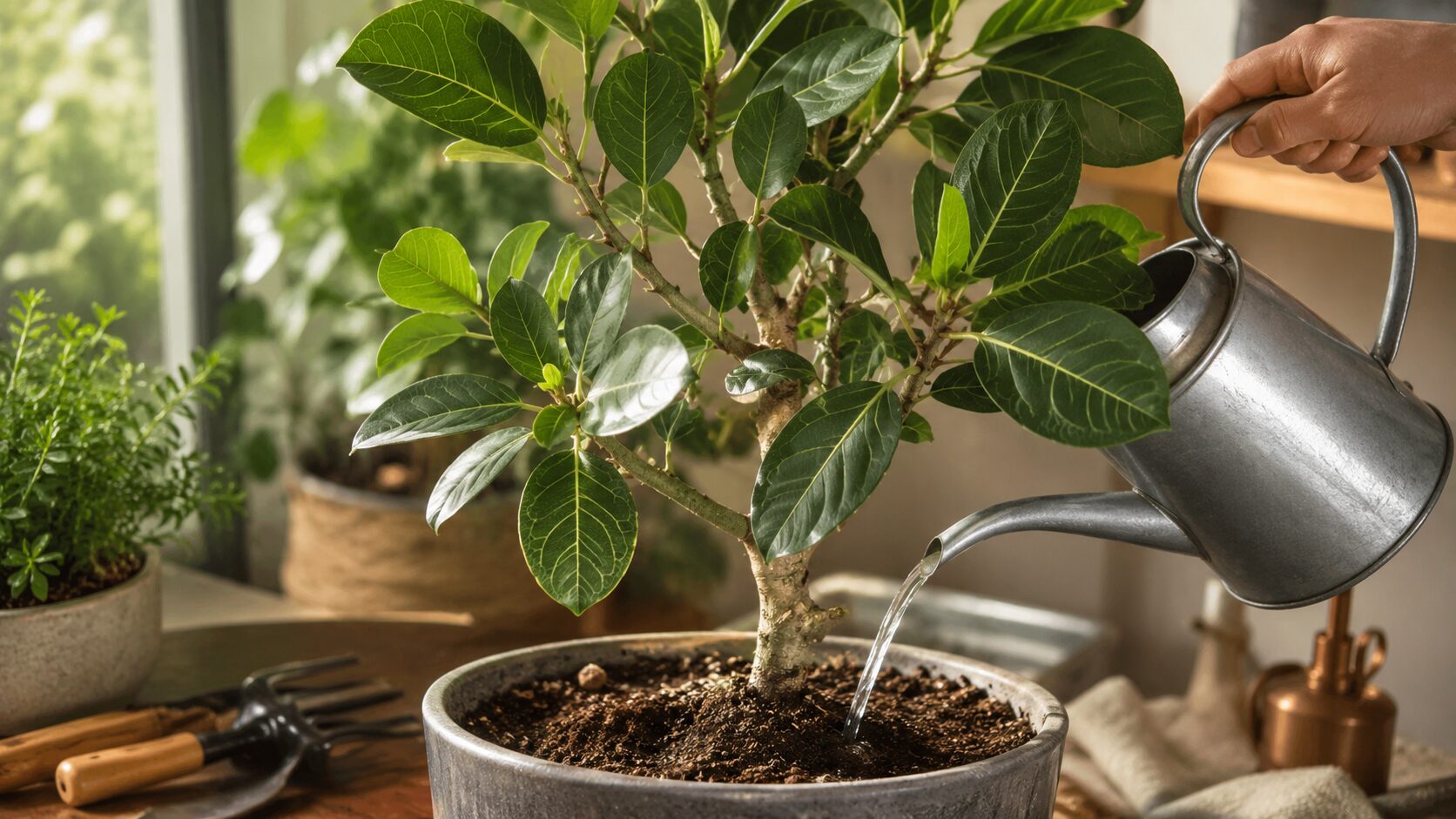鉢植えのベンガレンシスにじょうろで水を与えている様子。季節ごとの水やり頻度と土の乾き具合をイメージした写真