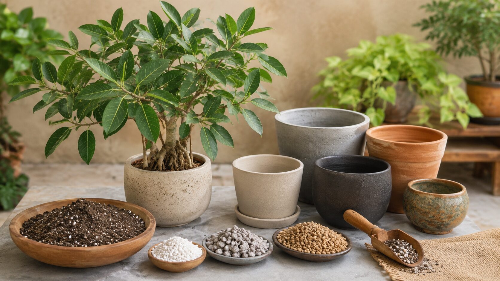 ベンガレンシスの鉢植えと複数の鉢、排水性のよい土や軽石を並べた様子。土と鉢の選び方を示す写真