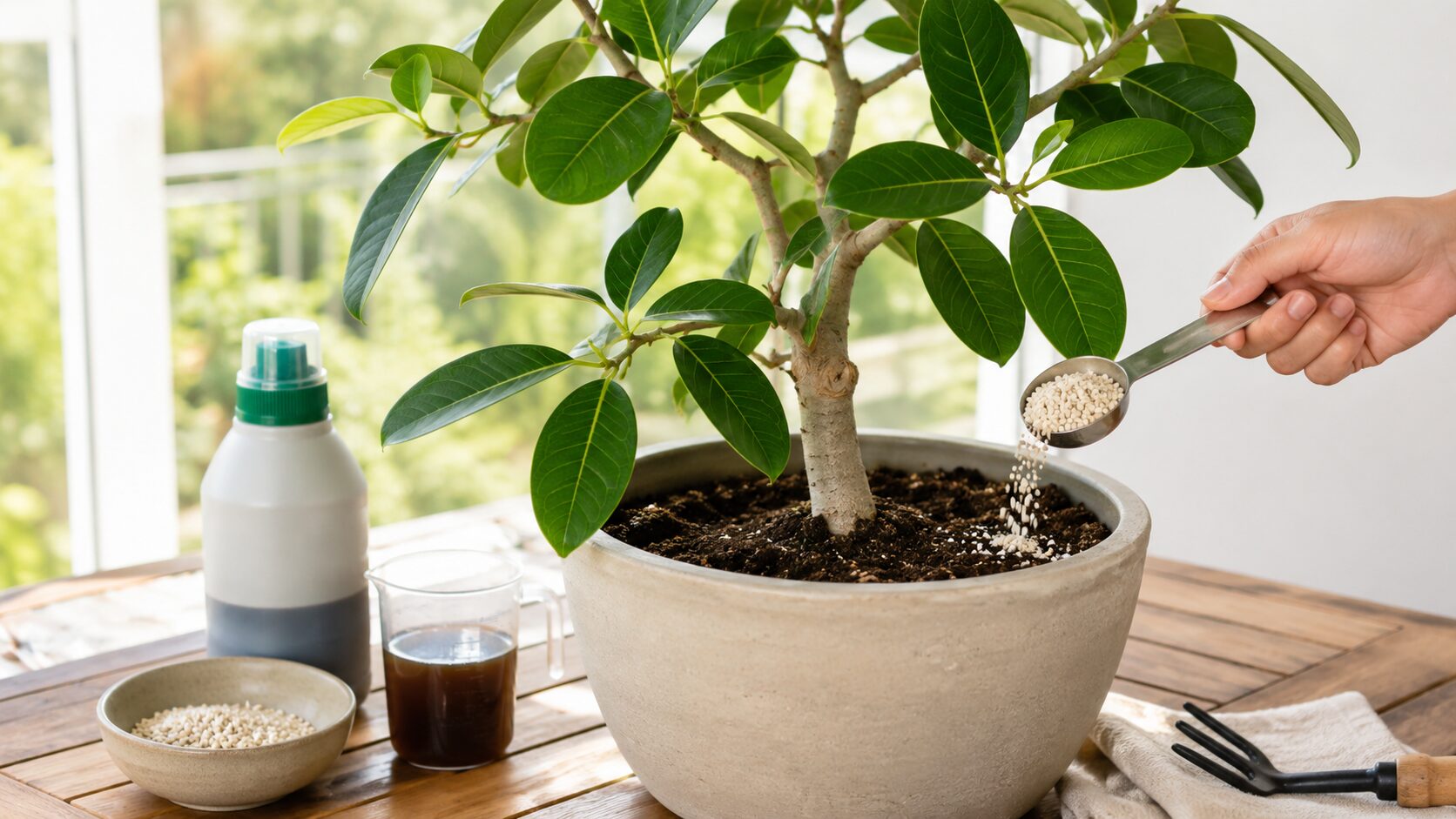 鉢植えのベンガレンシスに粒状肥料を与える様子。生育期の肥料管理と与えすぎへの注意をイメージした写真
