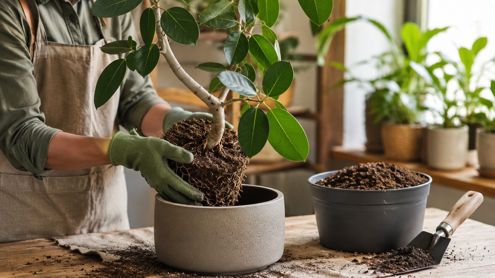 ベンガレンシスをひと回り大きな鉢へ植え替える作業風景。根鉢と新しい土が見える植え替え時期を示す写真