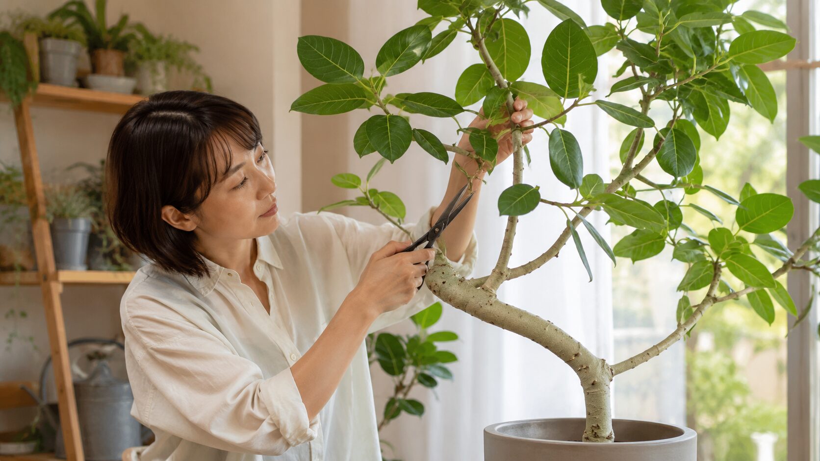 日本人女性が室内でベンガレンシスの枝を剪定している様子。樹形を整える剪定と曲がり仕立てをイメージした写真