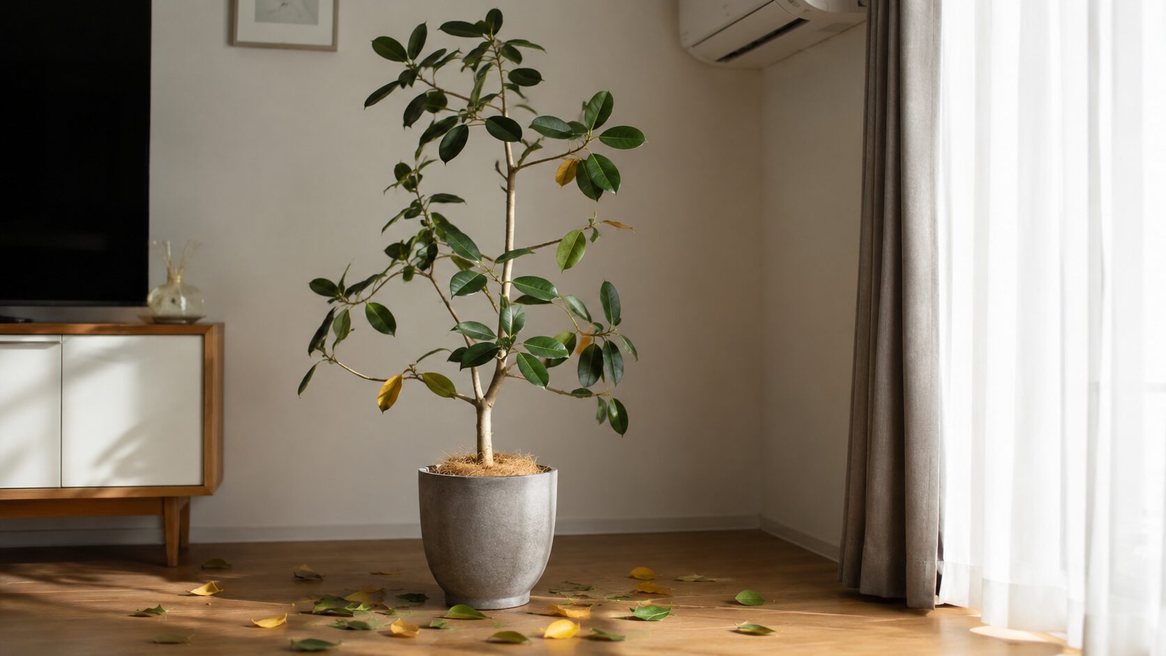 室内に置かれたベンガレンシスの鉢植えと、床に散った落ち葉の様子。葉が落ちる原因をイメージした観葉植物写真